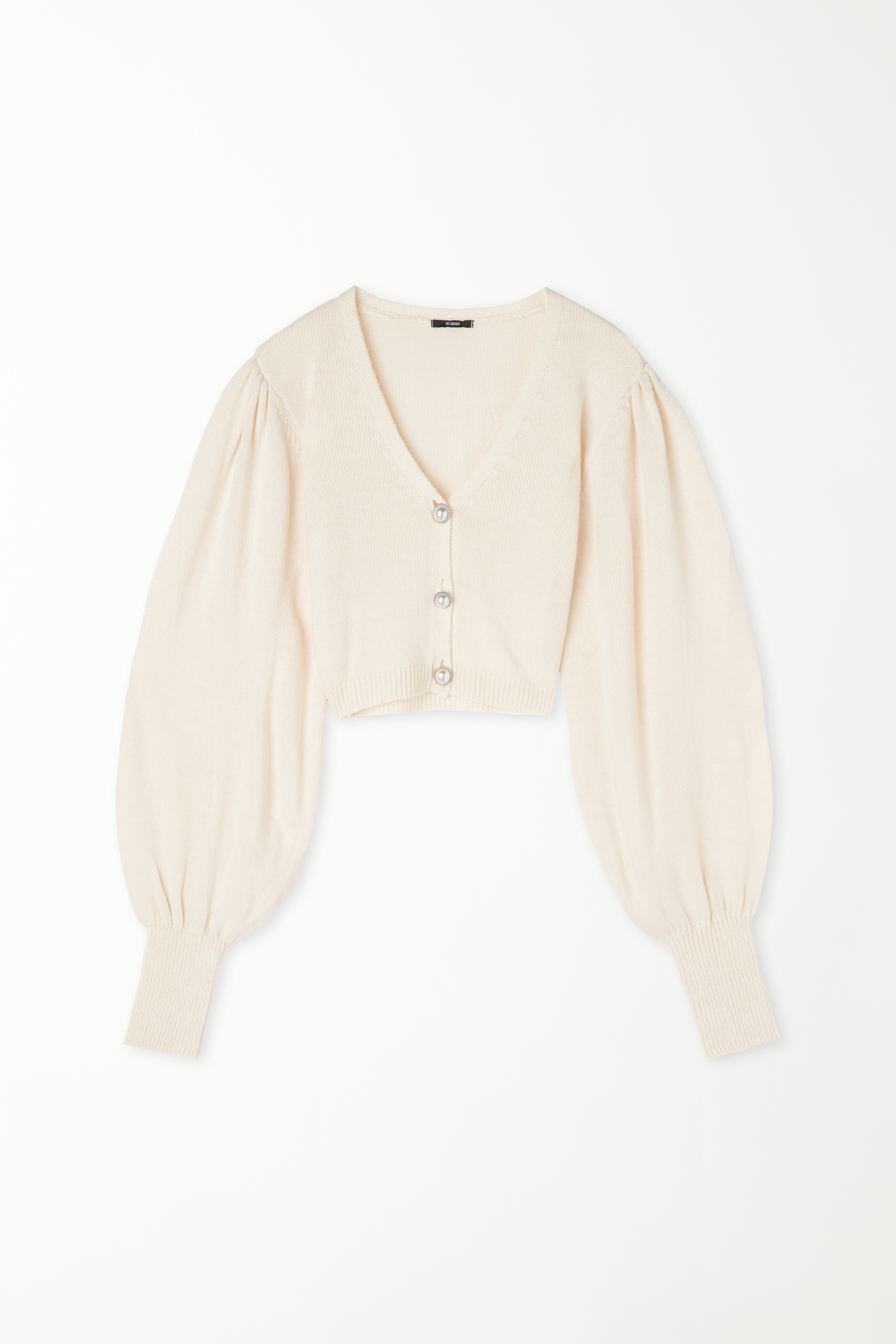 Kurzer Langarm-Cardigan in Fully-Fashioned-Verarbeitung mit Knöpfen