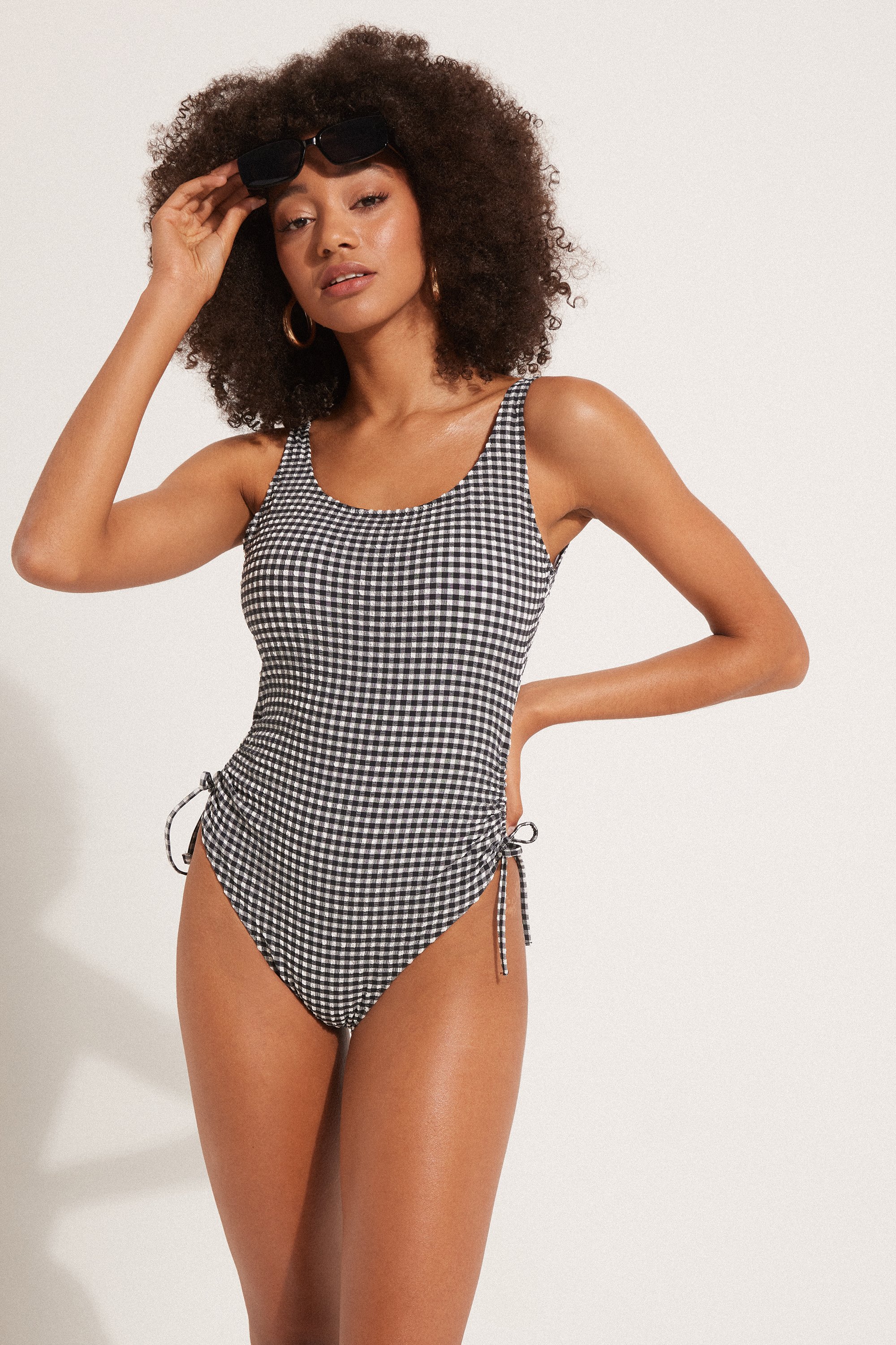 Classy Vichy One-Piece Lightly Padded Swimsuit with Drawstring