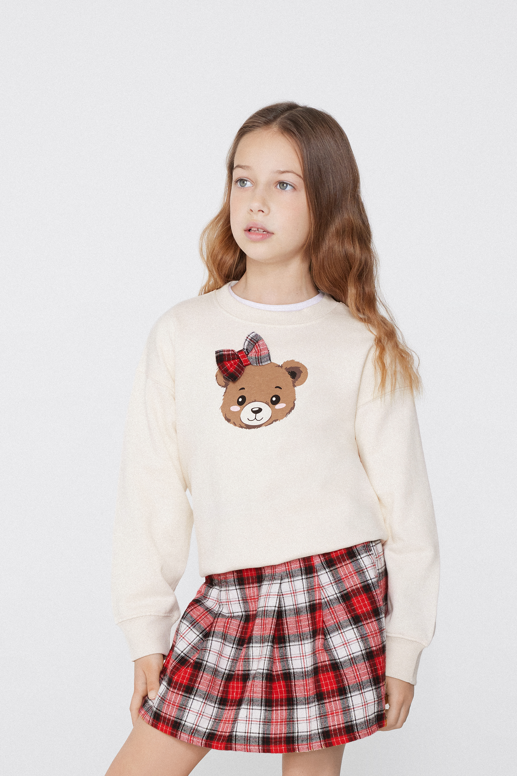 Girls’ Teddy Print Long Sleeve Sweatshirt with Tartan Patch