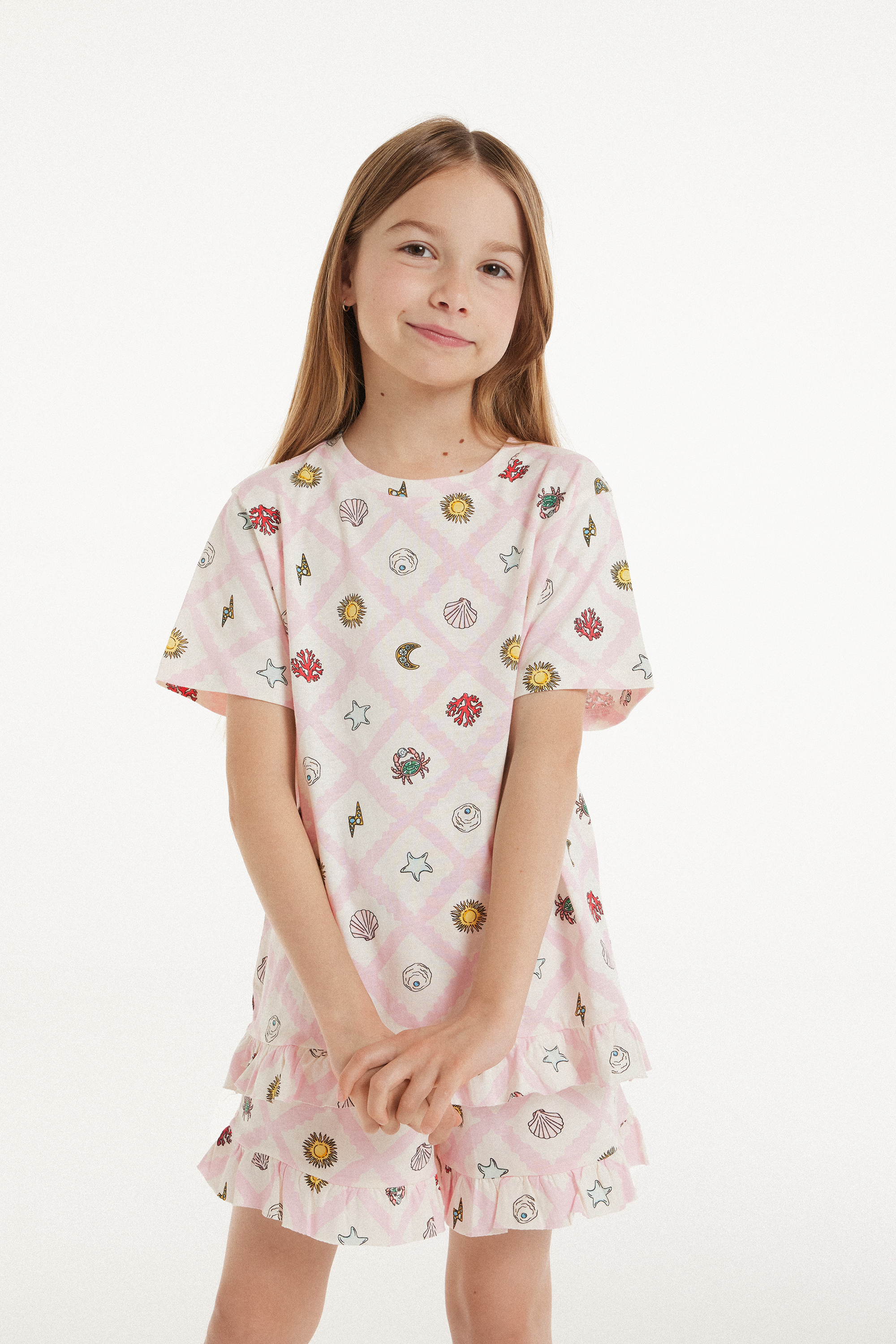 Dievčenské Krátke Pyžamo z Bavlny so Stredne Dlhým Rukávom s Letným Motívom