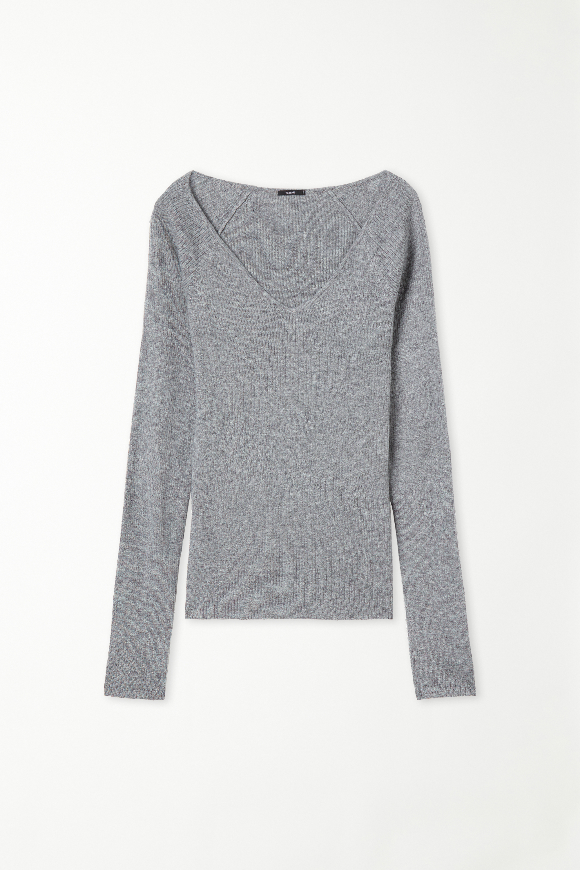 Mittelschwerer gerippter Pullover mit langen Ärmeln, V-Ausschnitt und Wolle