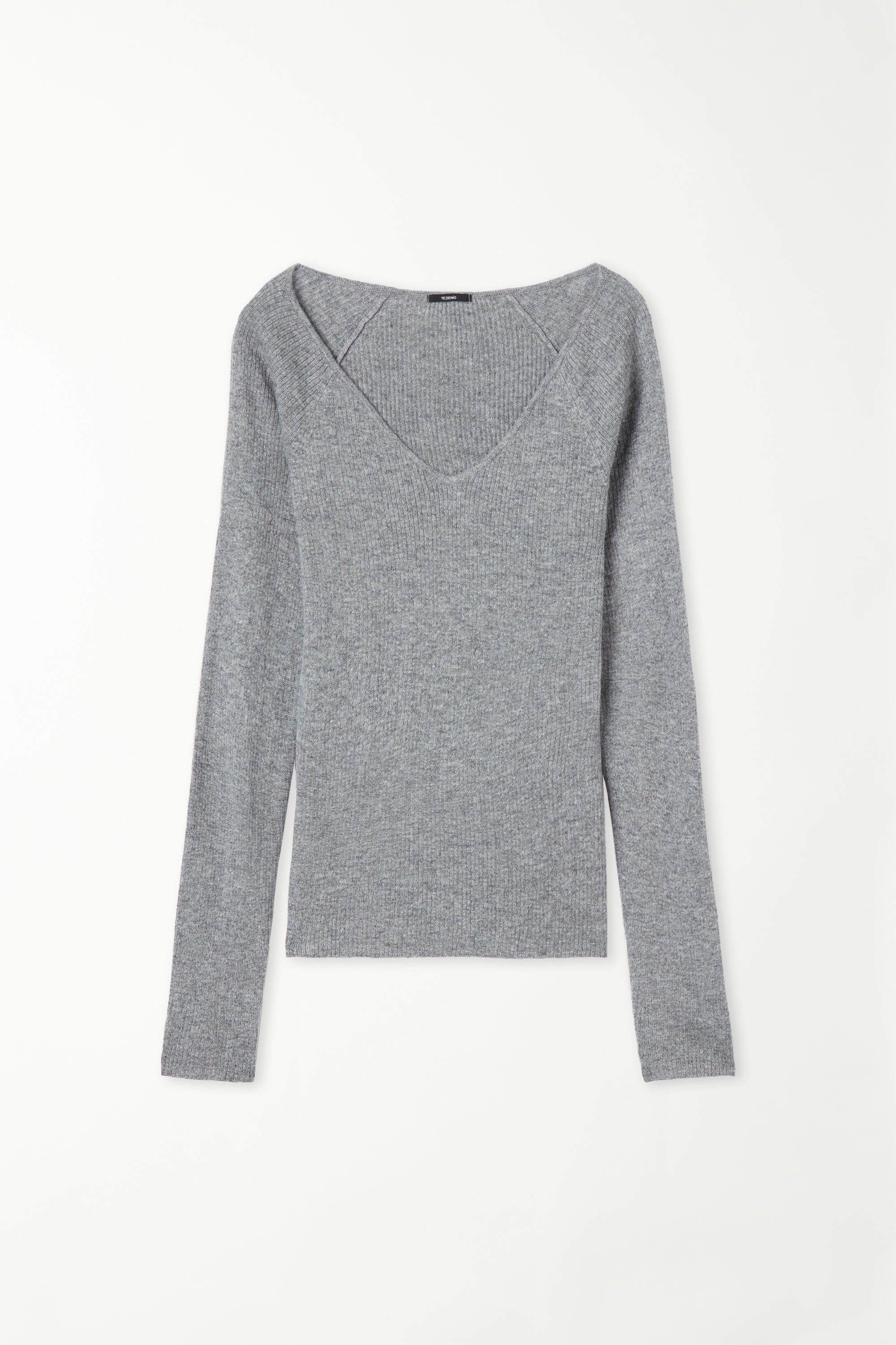 Long-Sleeved Ribbed Wool V-Neck Sweater