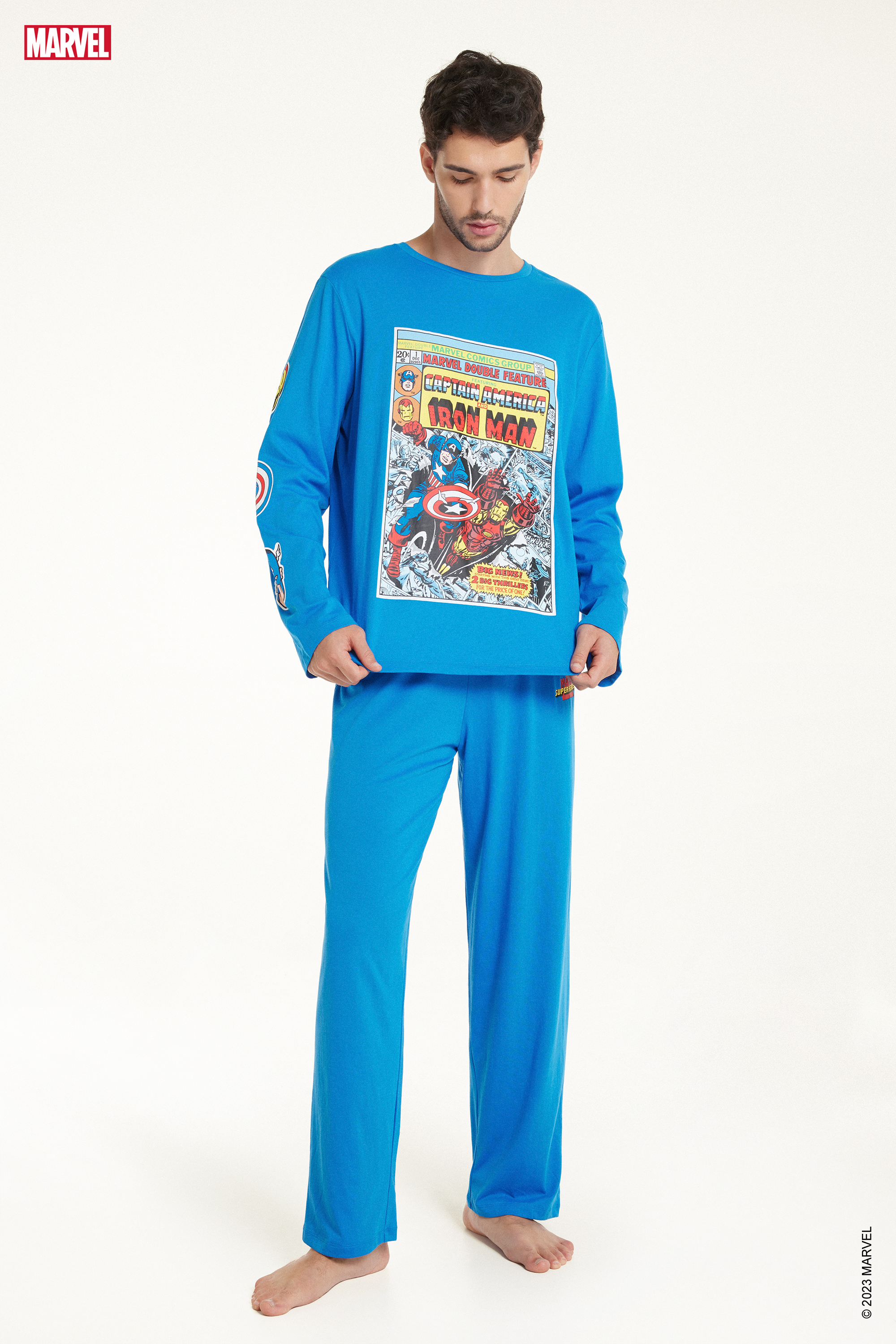 A Teljes Felületén Nyomott Marvel Mintás Hosszú Férfi Pamut Pizsama