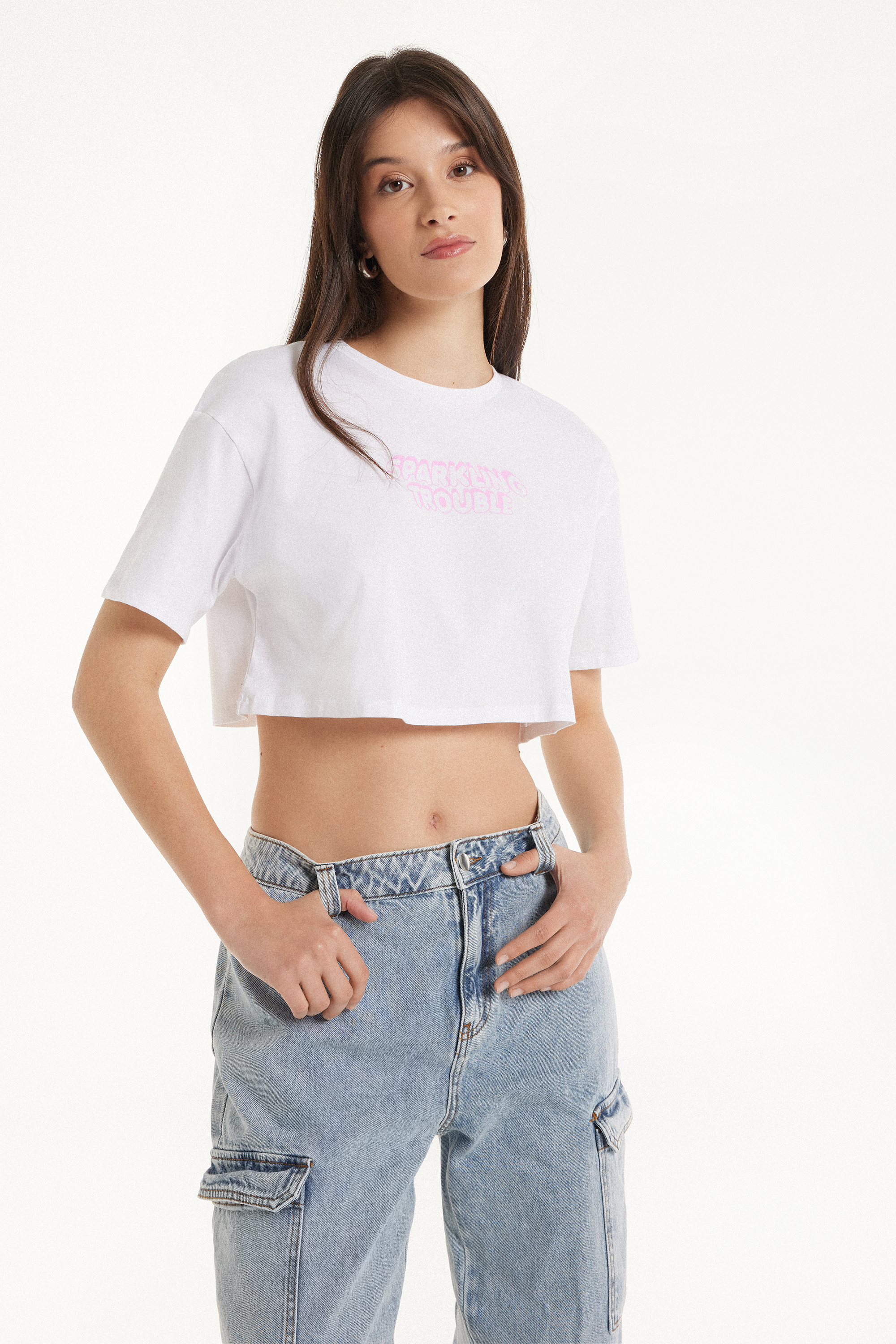 Κοντό Boxy Βαμβακερό T-shirt με Στρογγυλή Λαιμόκοψη