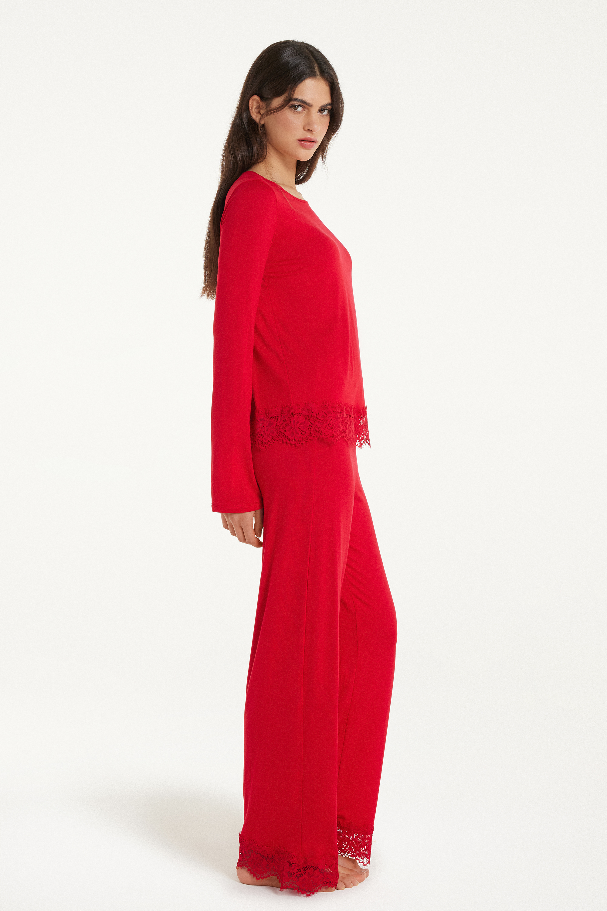 Full-Length Viscose Pajamas with Lace