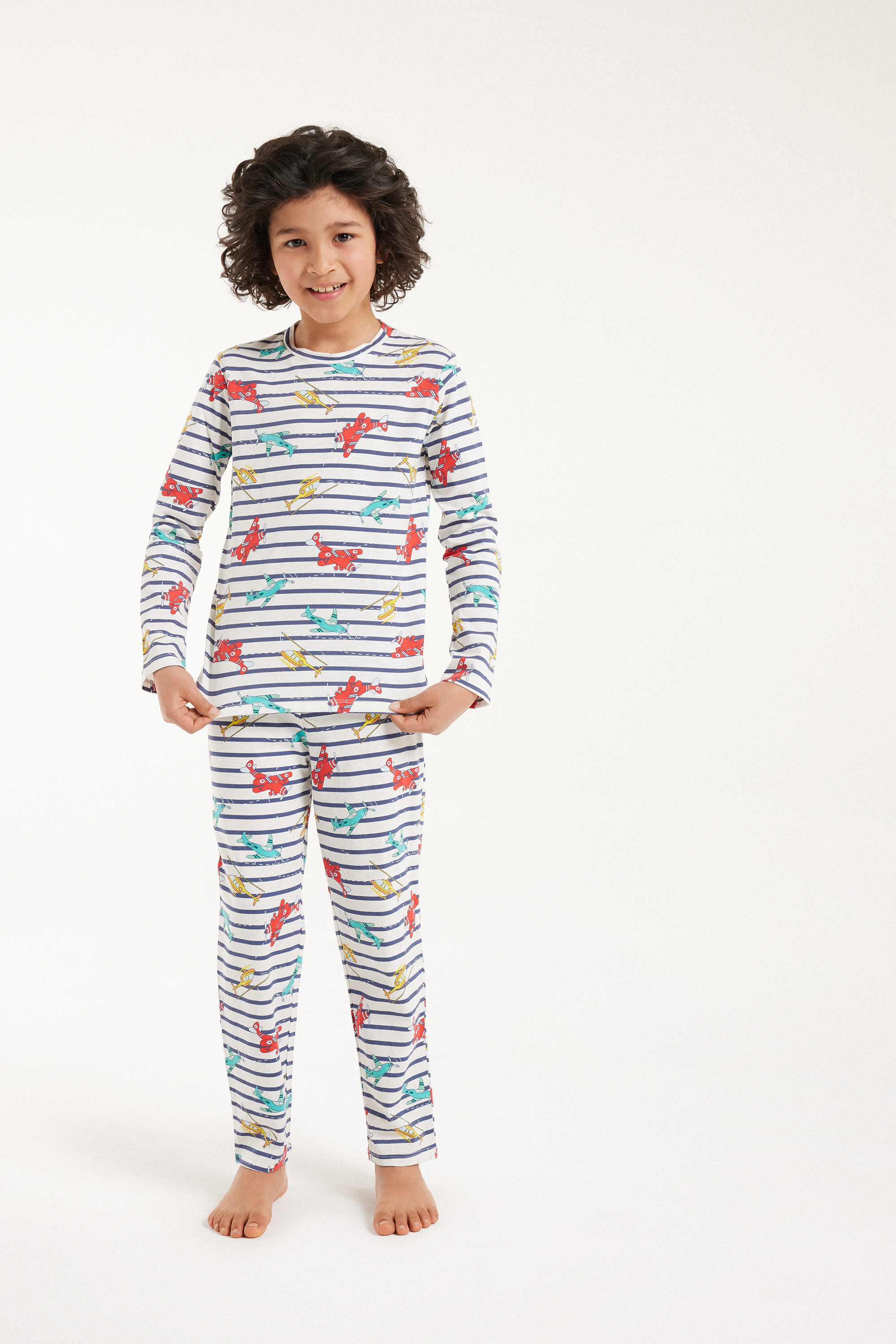 Langer Pyjama aus Baumwolle mit Flugzeug-Streifen-Print