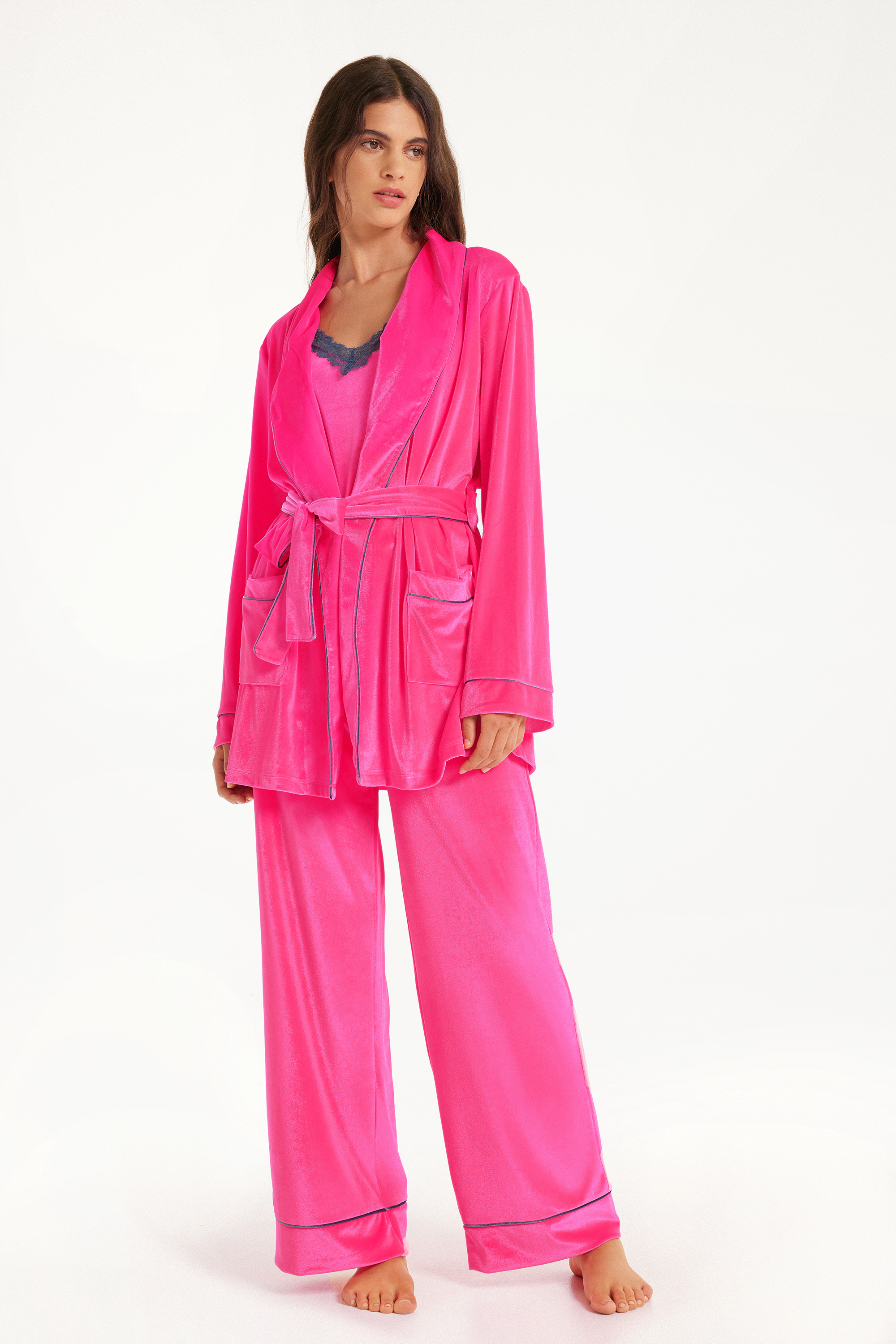 Robe de Chambre à Manches Longues en Velours Passepoil