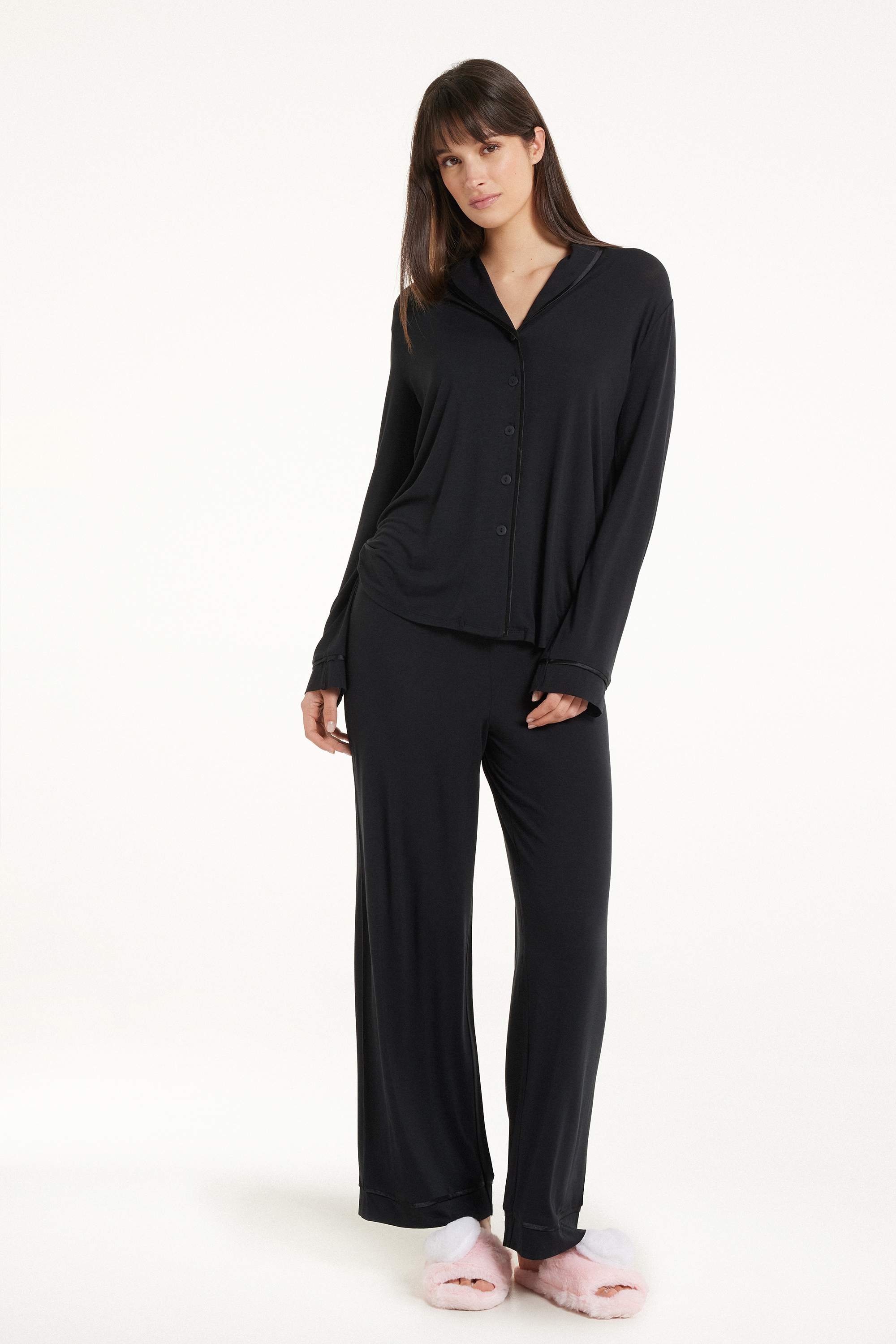 Long Button-Down Viscose Pyjamas with Satin Trim