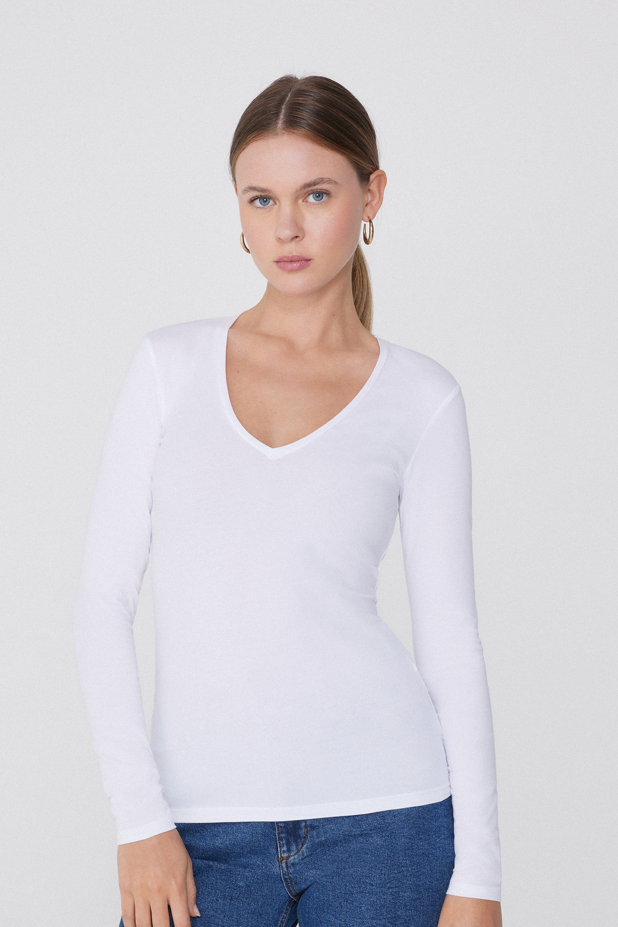 Long-Sleeve V-Neck Stretch-Cotton Top Tezenis