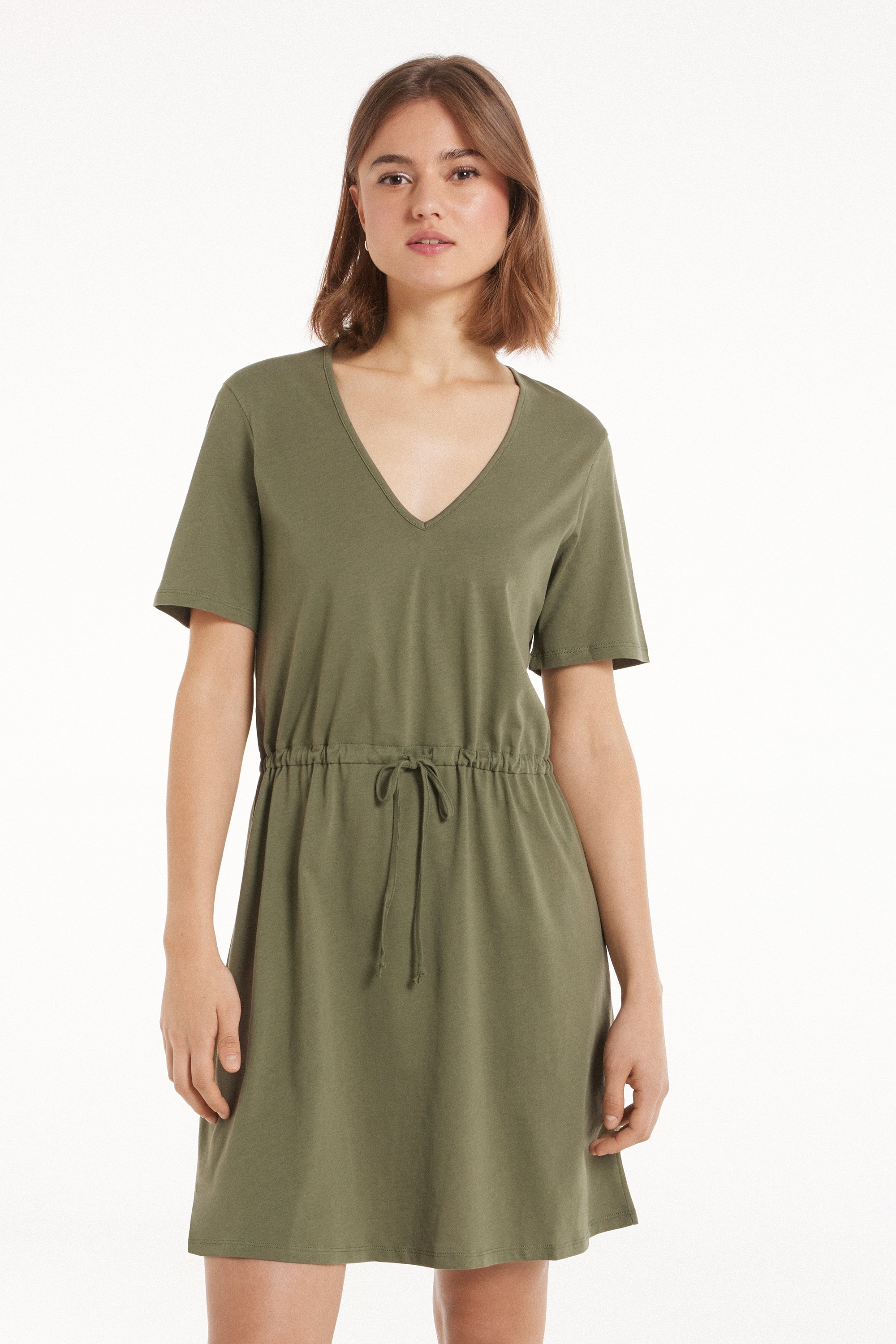 Cotton Short-Sleeve V-Neck Mini Dress