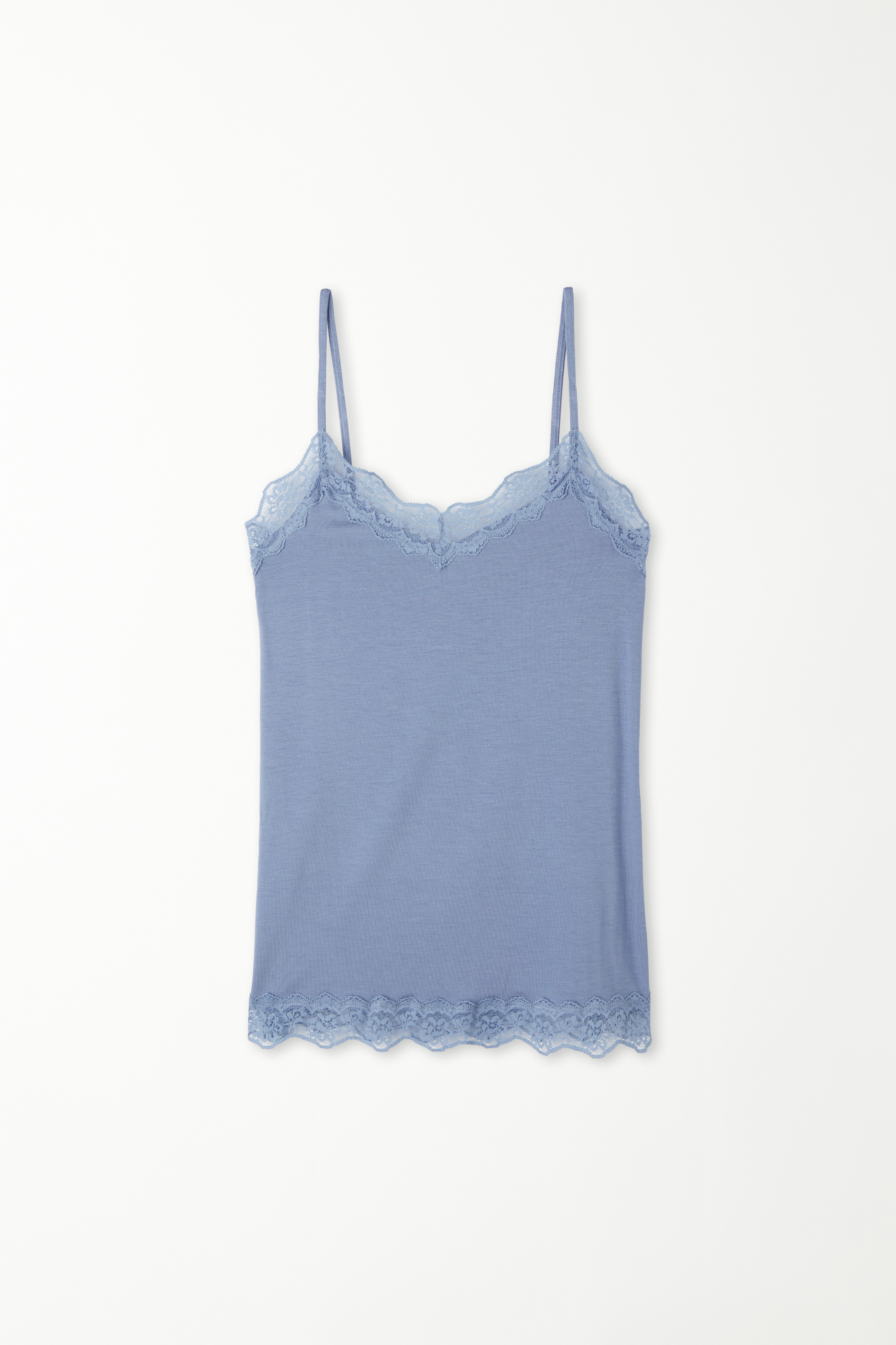 Viscose and Lace Camisole with Thin Shoulder Straps and V-Neck