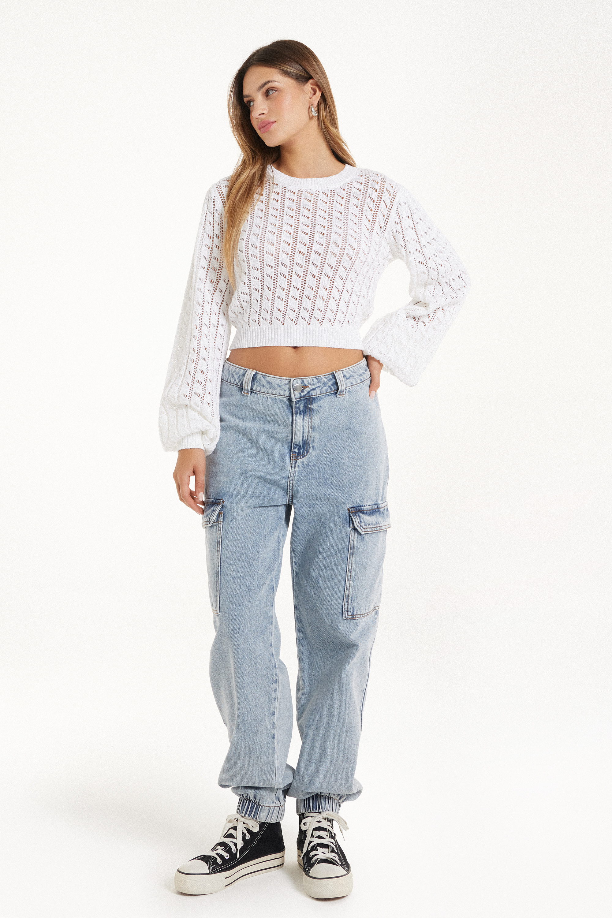 Long-Sleeved Cropped Openwork Sweater