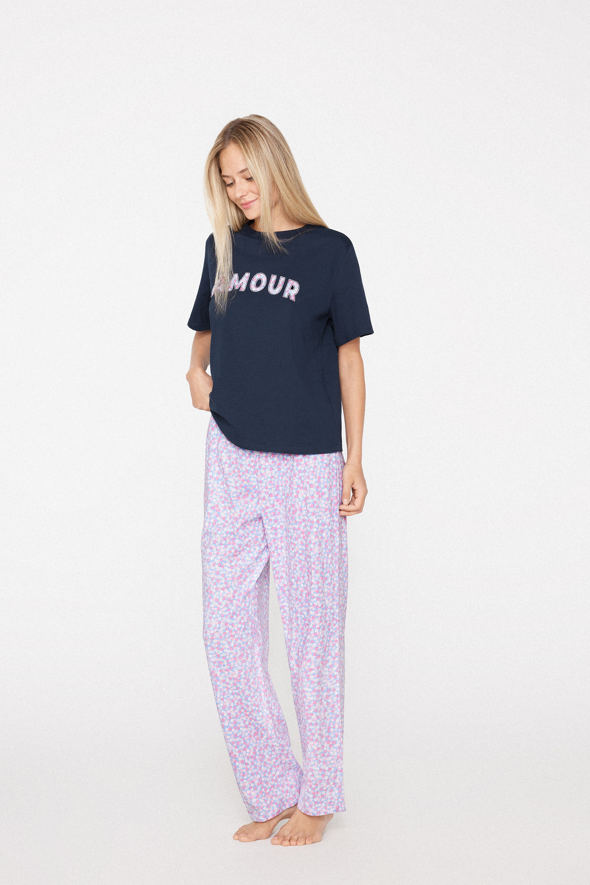 Amour Patch Cotton Short-Sleeve Long Pyjamas