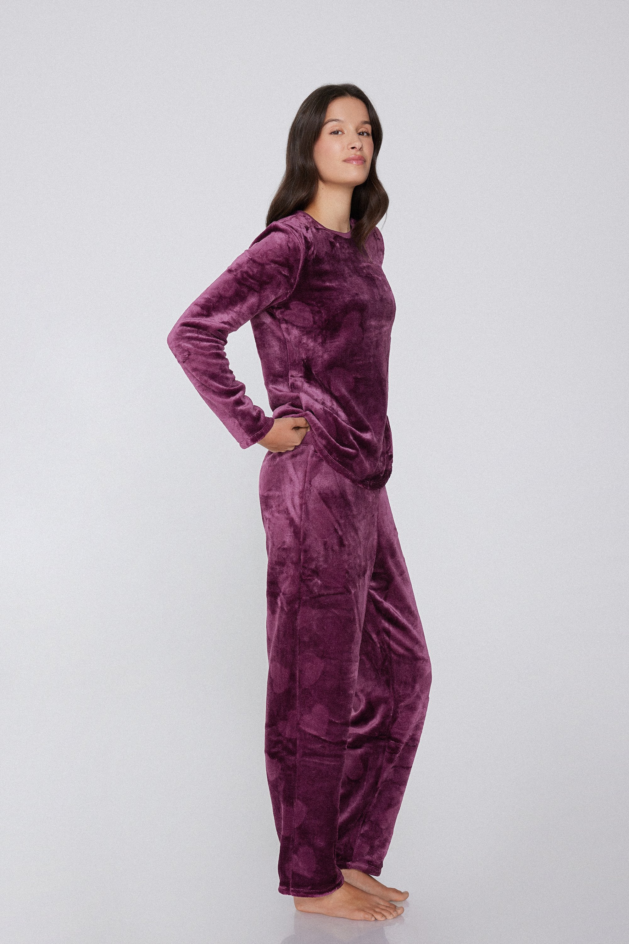 Pijama Lungă din Fleece Devoré Imprimeu Inimi