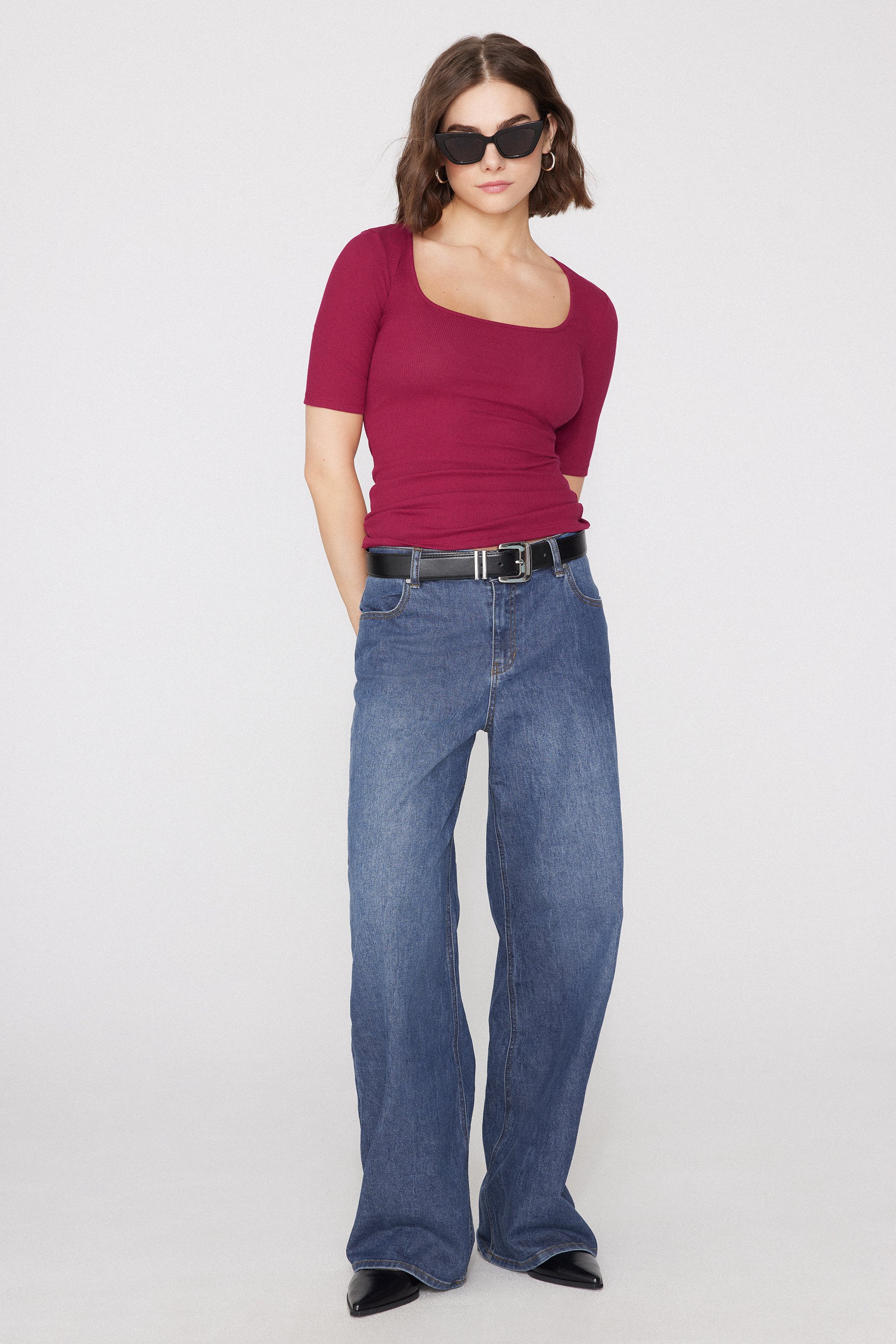 Short-Sleeved Square-Neck Ribbed Cotton Sweater