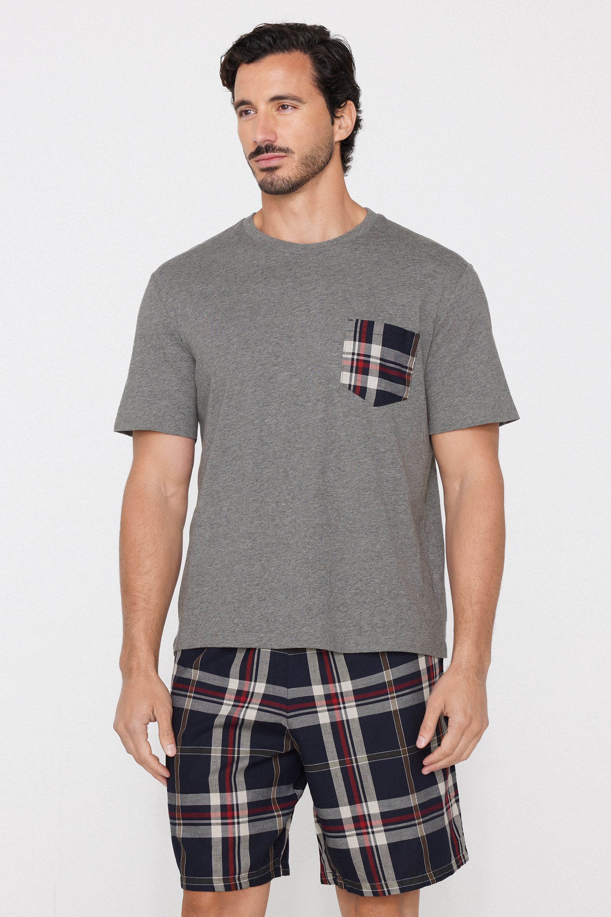 Pijama Curto em Algod&atilde;o com Bolso Tecido