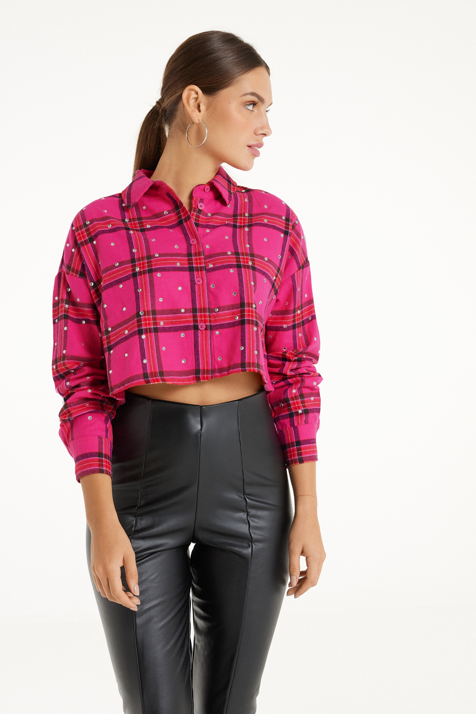 Long Sleeve Cropped Flannel Shirt with Rhinestones