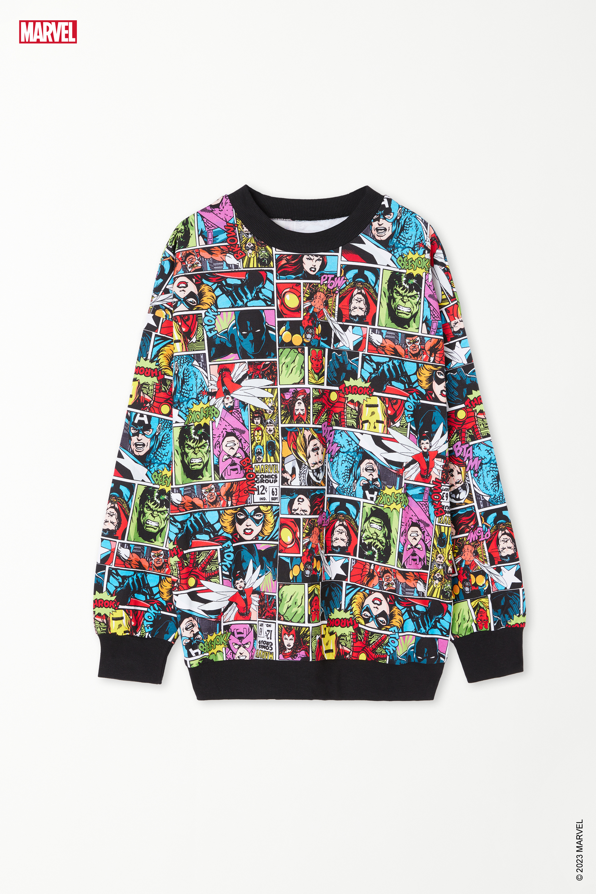 Oversize Rounded Neck Sweatshirt with Long Sleeves and Marvel Print