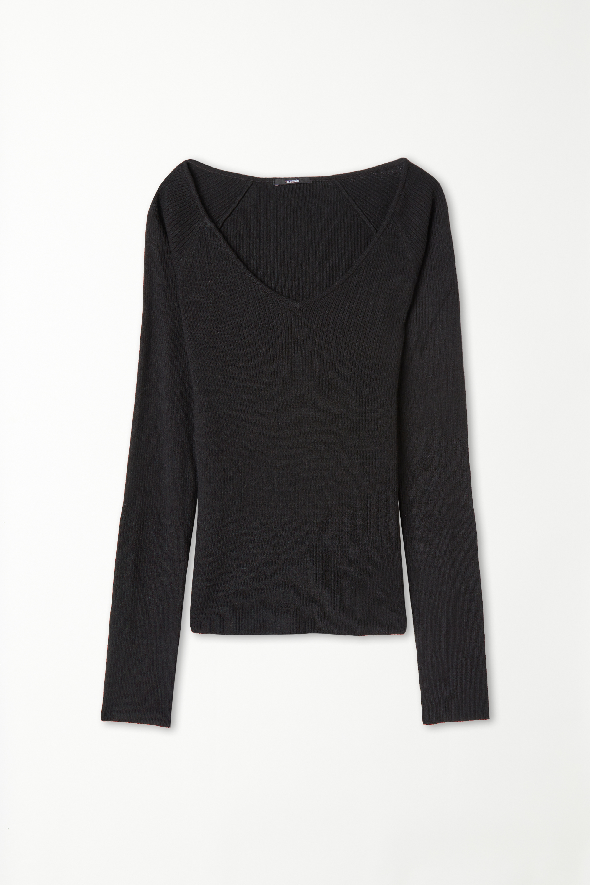 Long-Sleeved V-Neck Heavy Ribbed Jersey with Wool