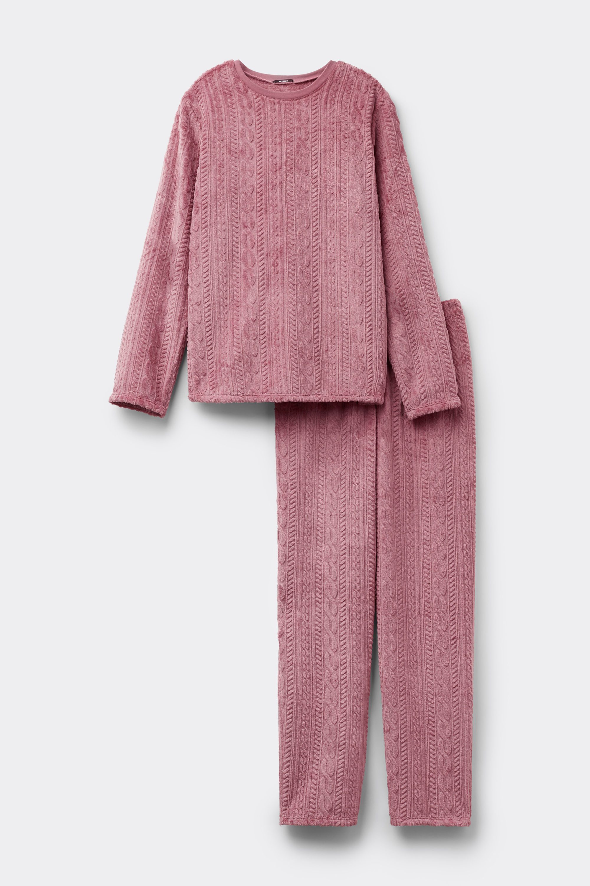 Pijama Lungă din Fleece Devoré Imprimeu Împletituri