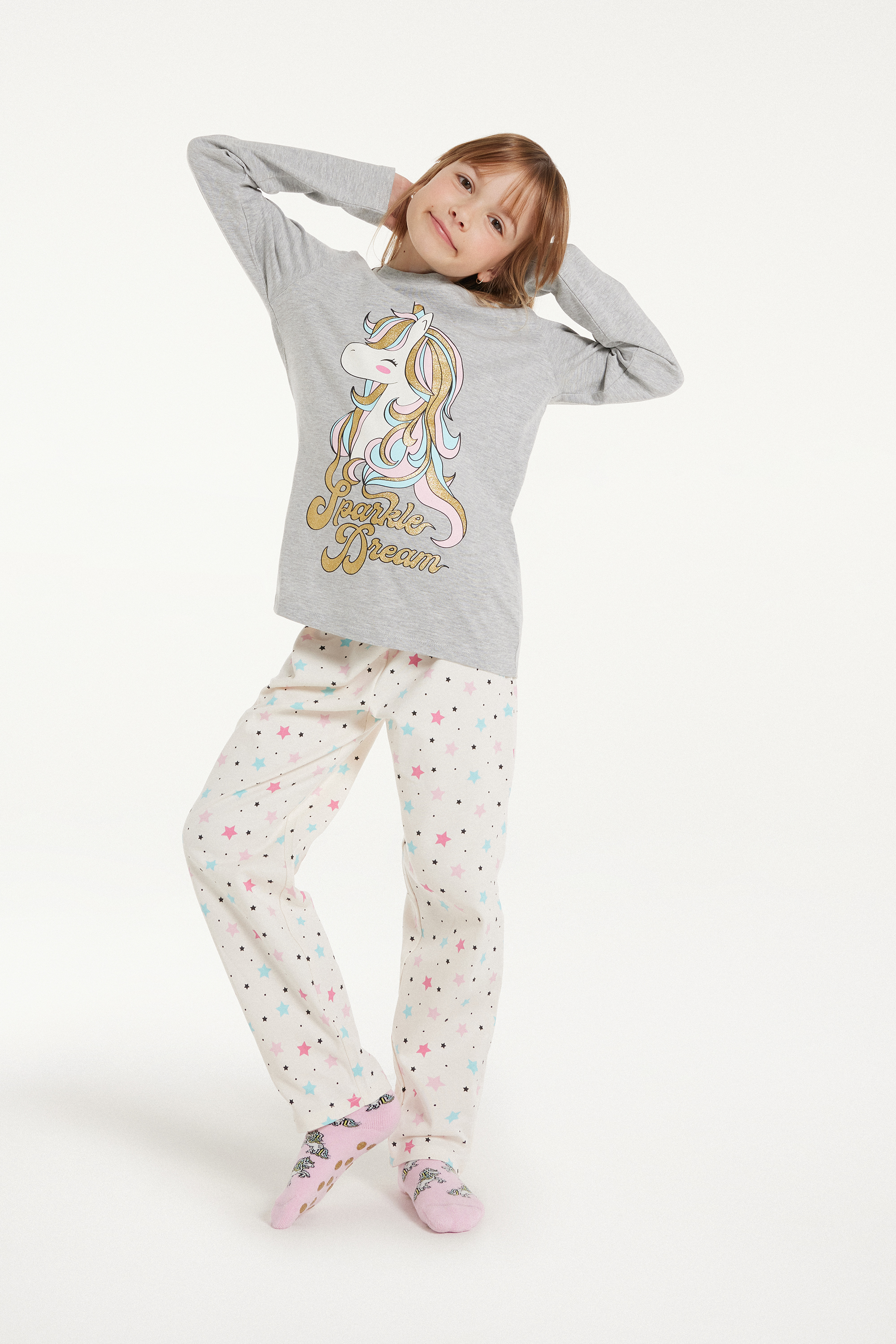 Dlouhé Dívčí Bavlněné Pyžamo Potisk Jednorožec