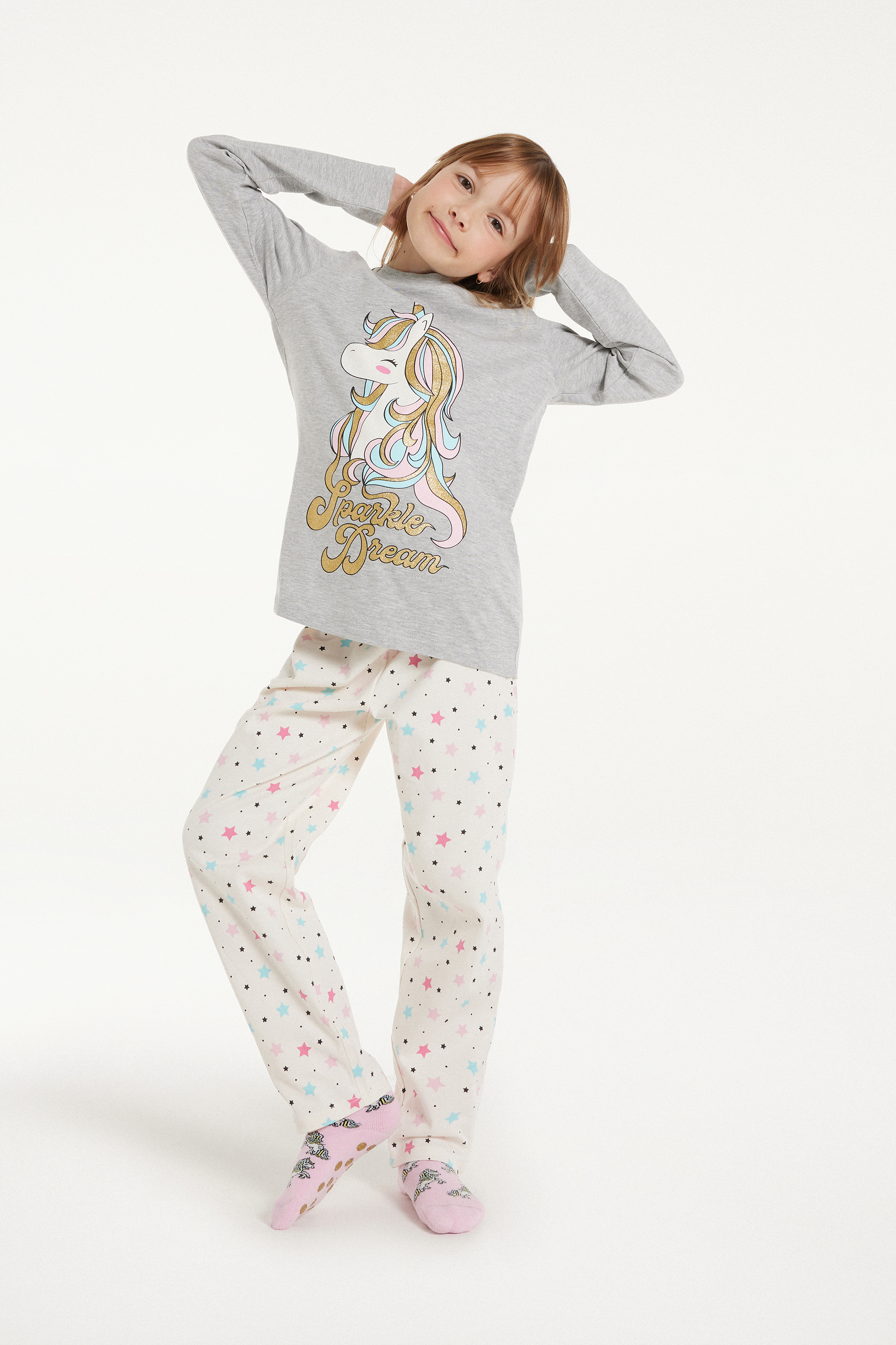 Girls’ Long Cotton Unicorn Print Pyjamas
