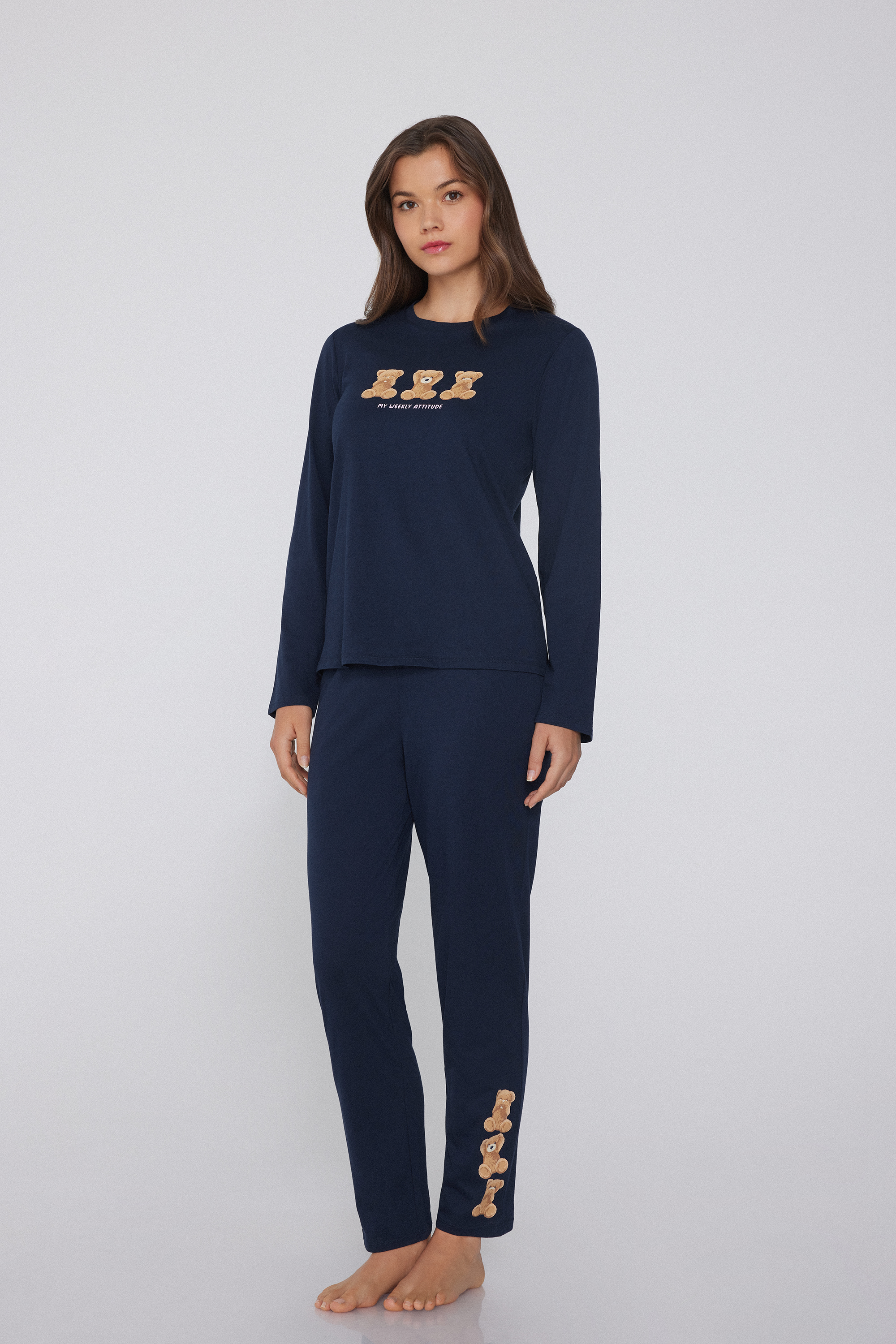 Langer Pyjama aus Baumwolle mit Teddyprint