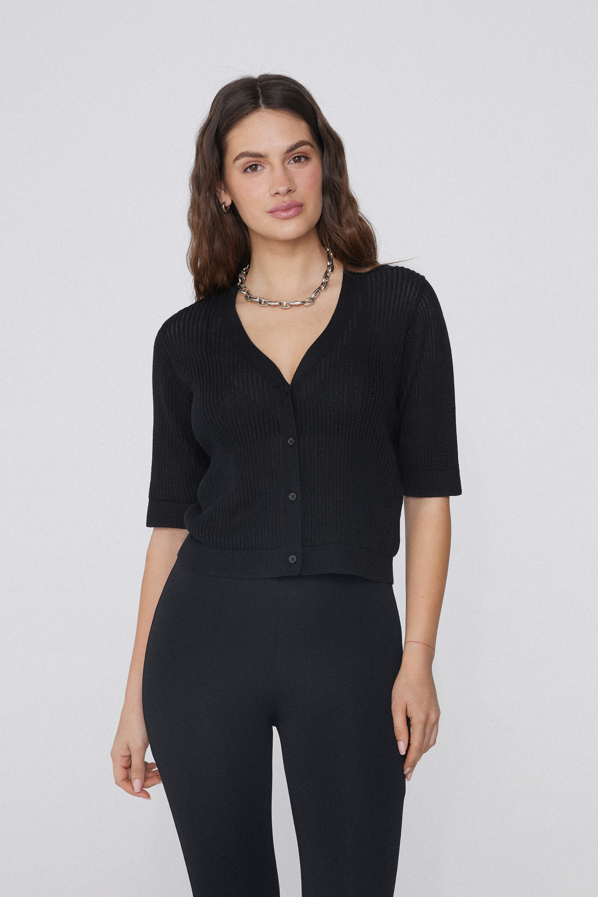 Short Sleeve Perforated Ribbed Cardigan