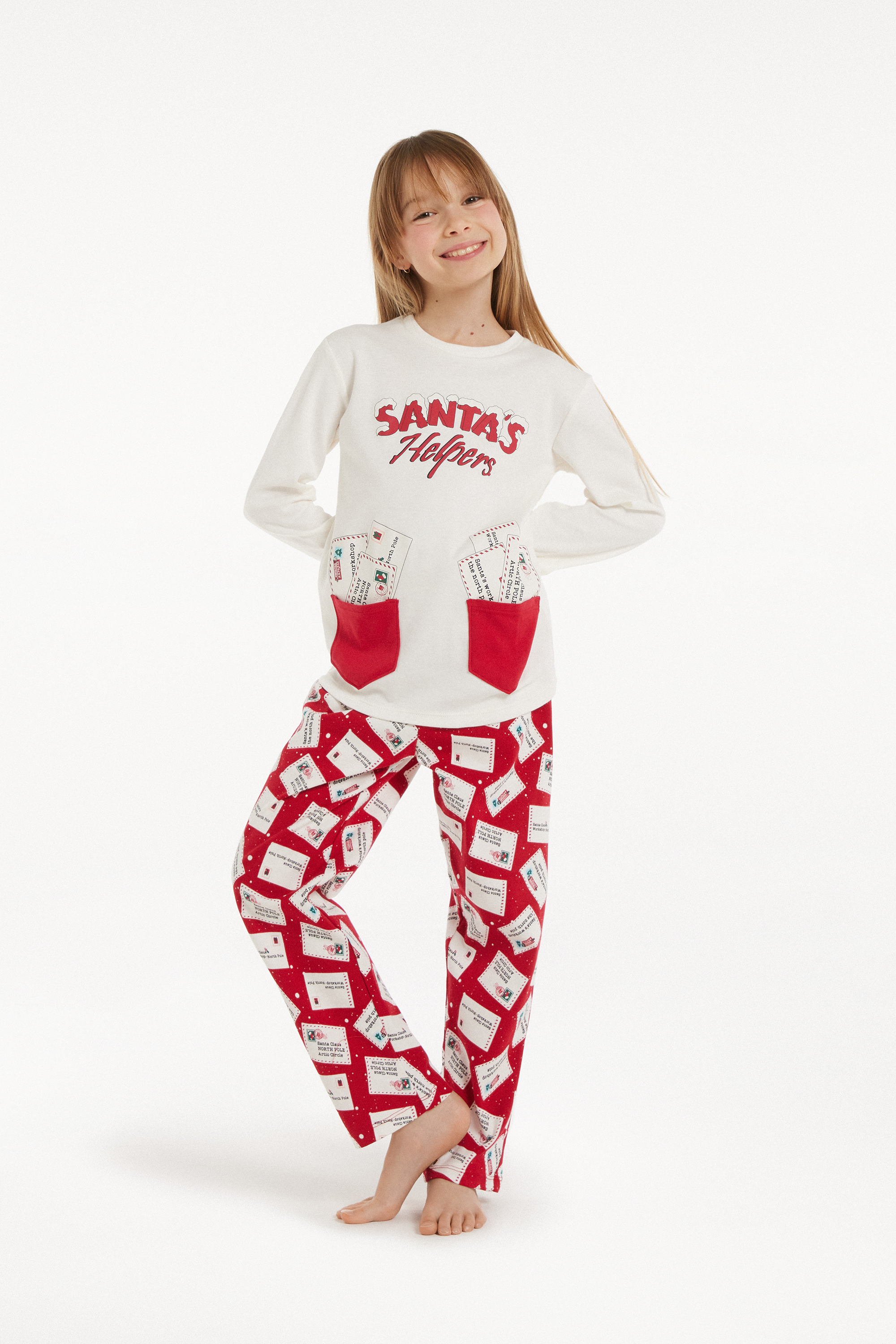 Langer Unisex-Pyjama aus schwerer Baumwolle mit Weihnachtsprint für Kinder