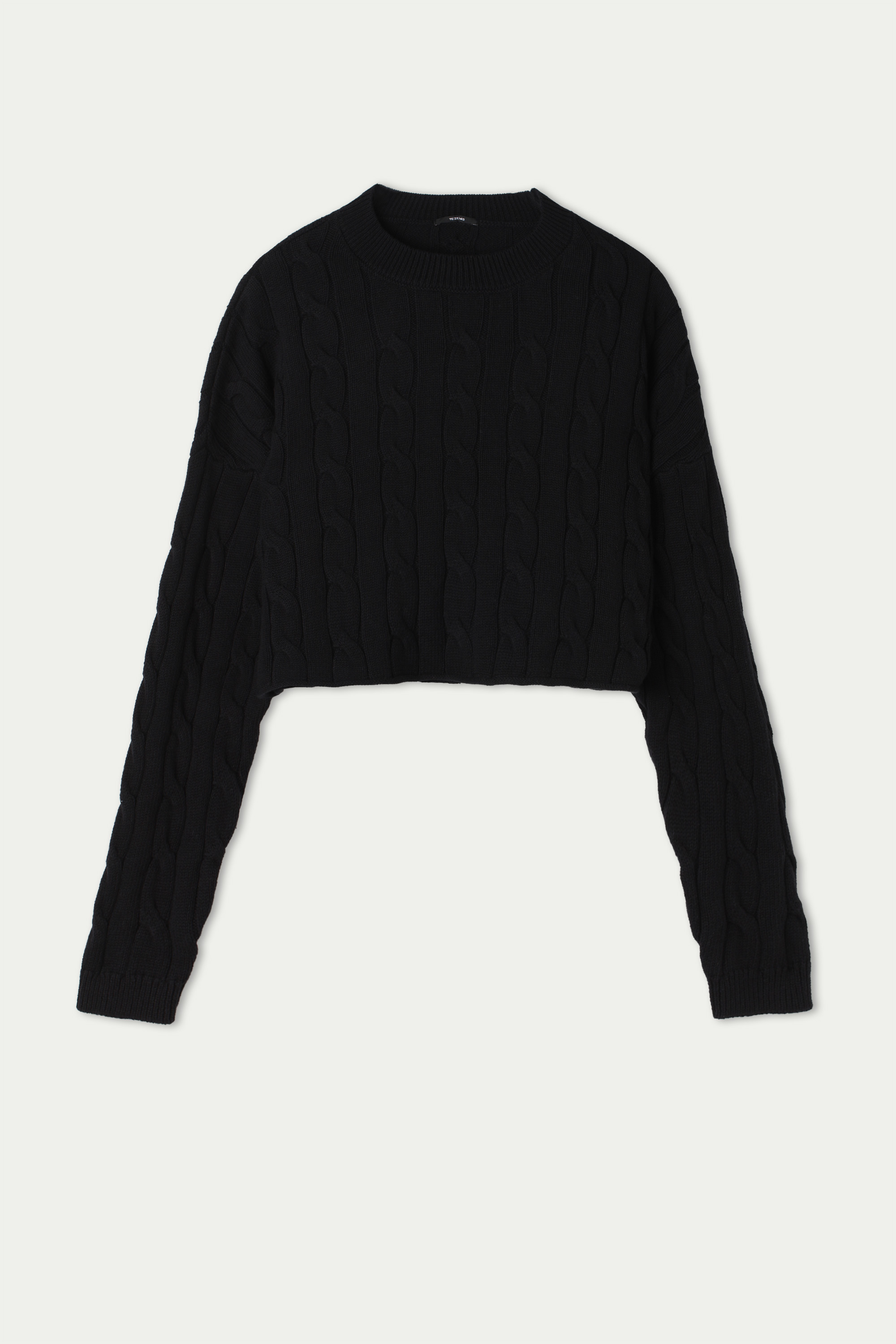 Long Sleeve Short Sweater in Fully-Fashioned Cotton with Braided Detail