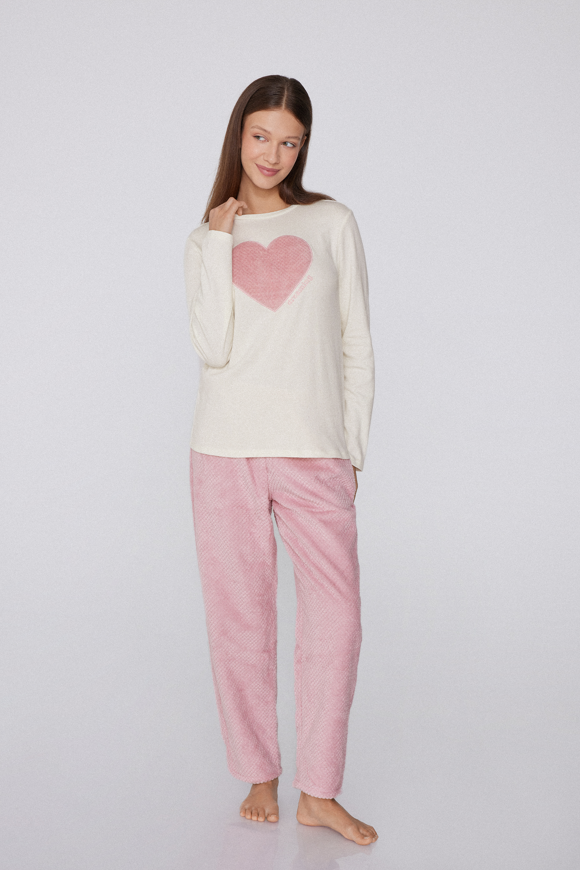 Long Cotton and Fleece Heart Patch Pajamas