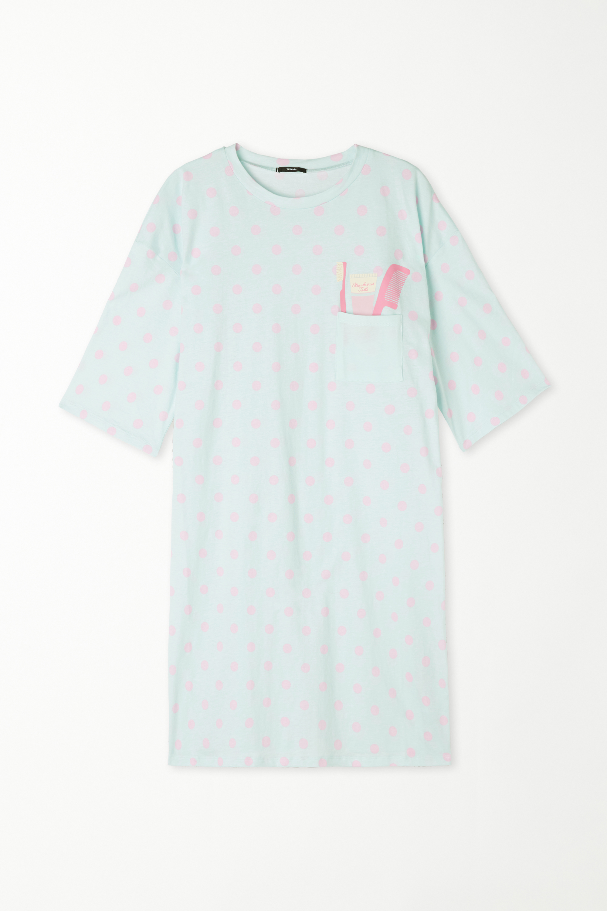 Oversize Cotton Nightgown with Short Sleeves and Pocket