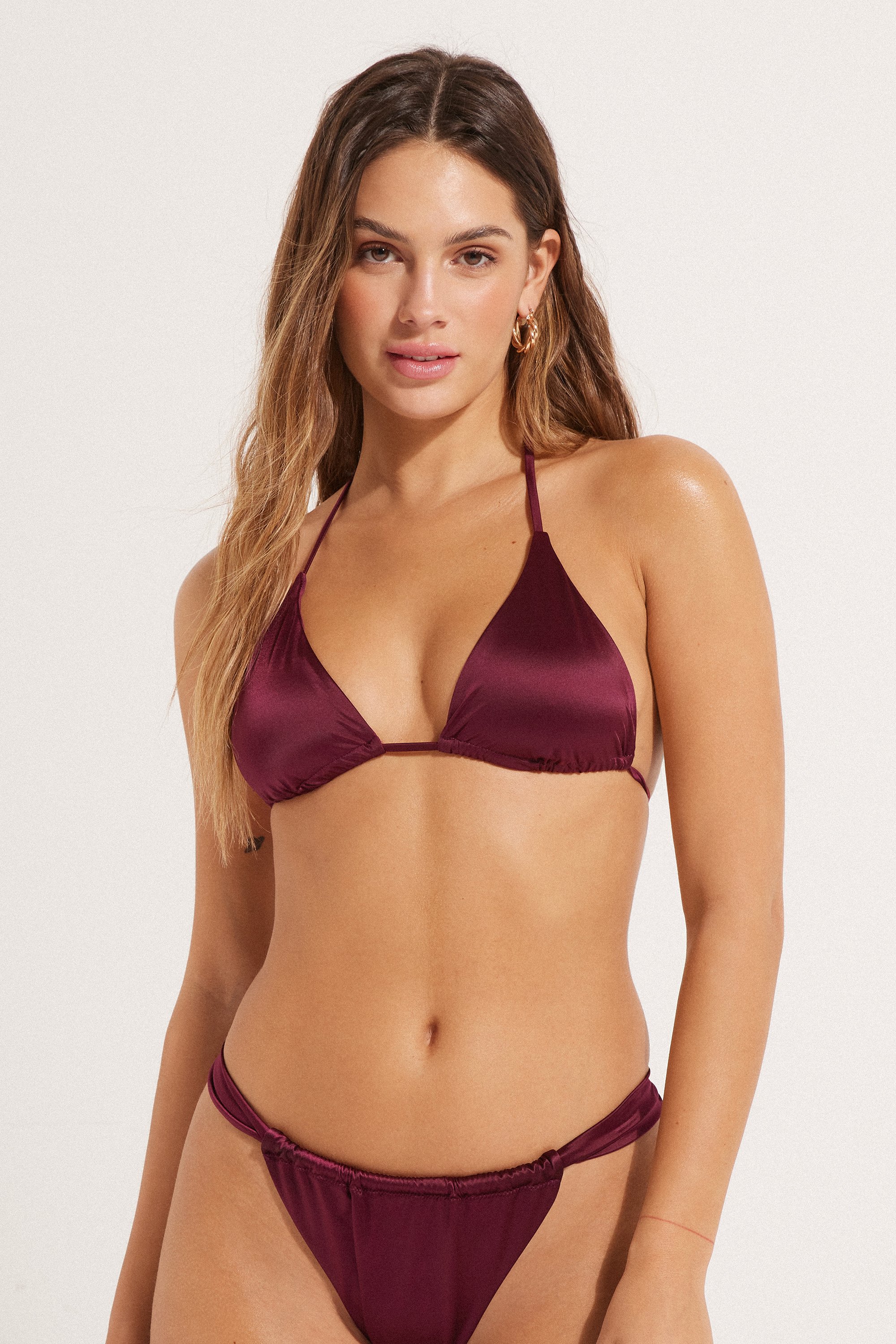 Shiny Burgundy Triangle Bikini Top with Removable Cups
