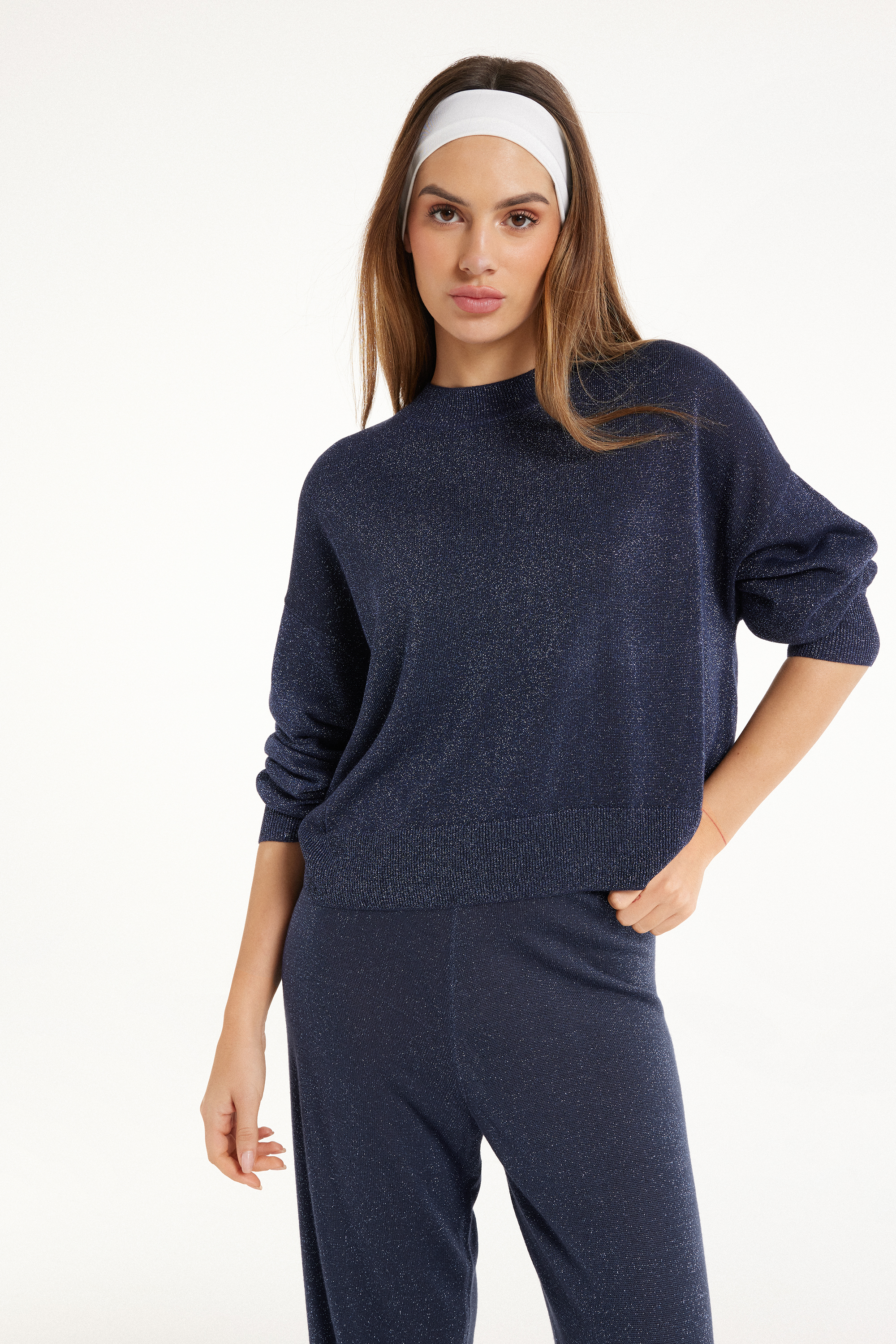 Long-Sleeved Lamé Fabric Top with Rounded Neck and Dropped Shoulders