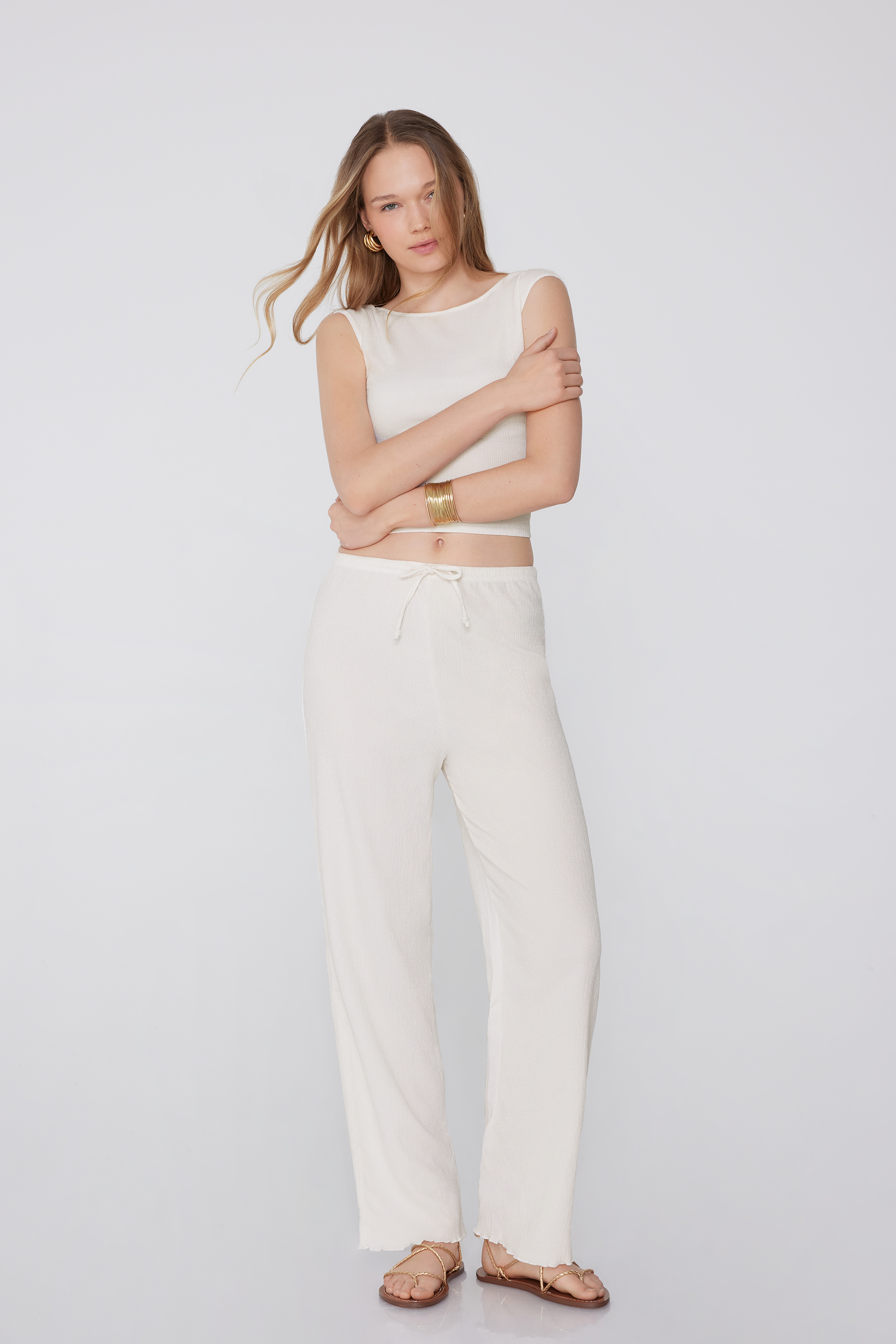 Pantalon Palazzo Effet Crêpe Cordon de Serrage