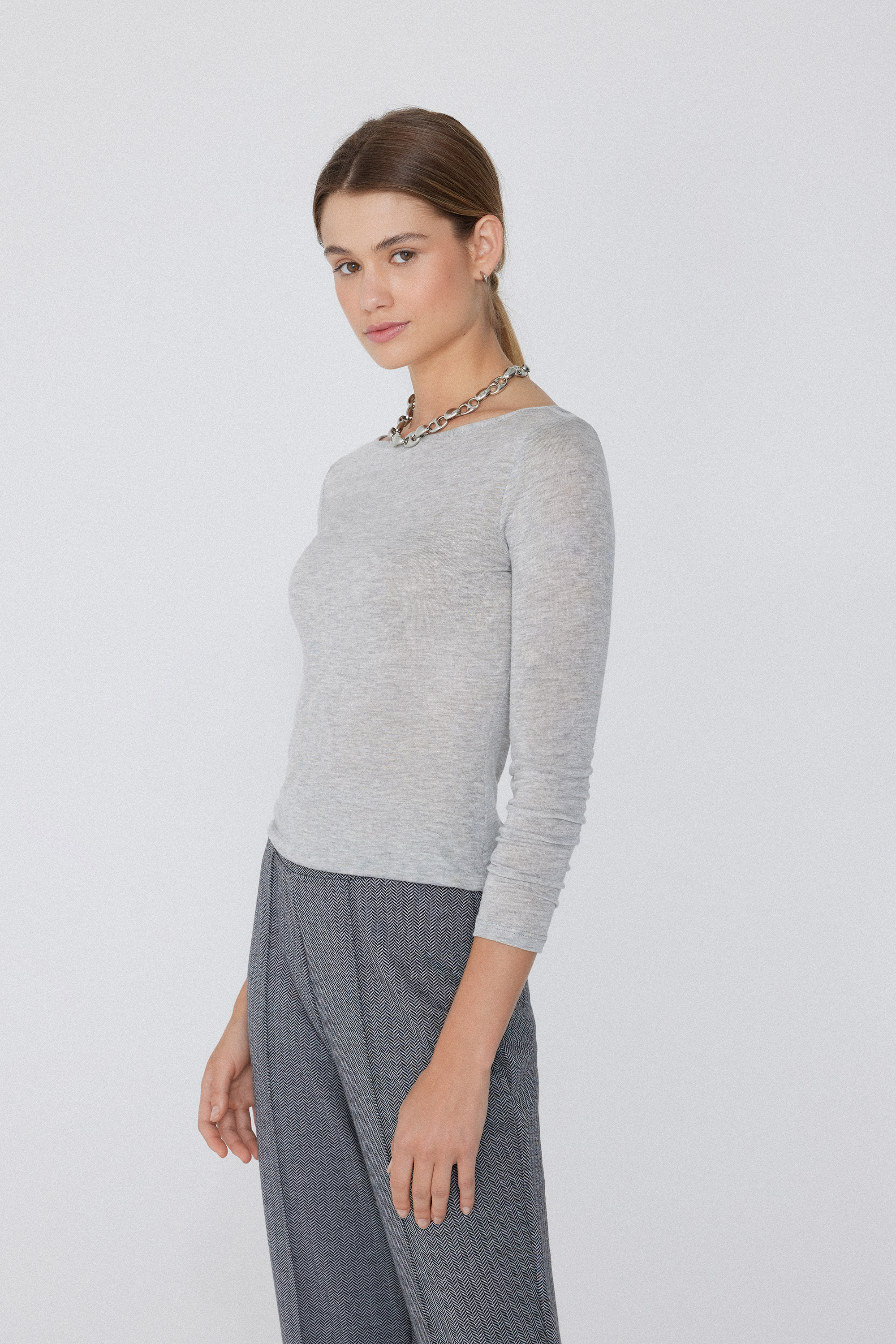 Viscose and Merino Wool Long-Sleeved Boat Neck Top