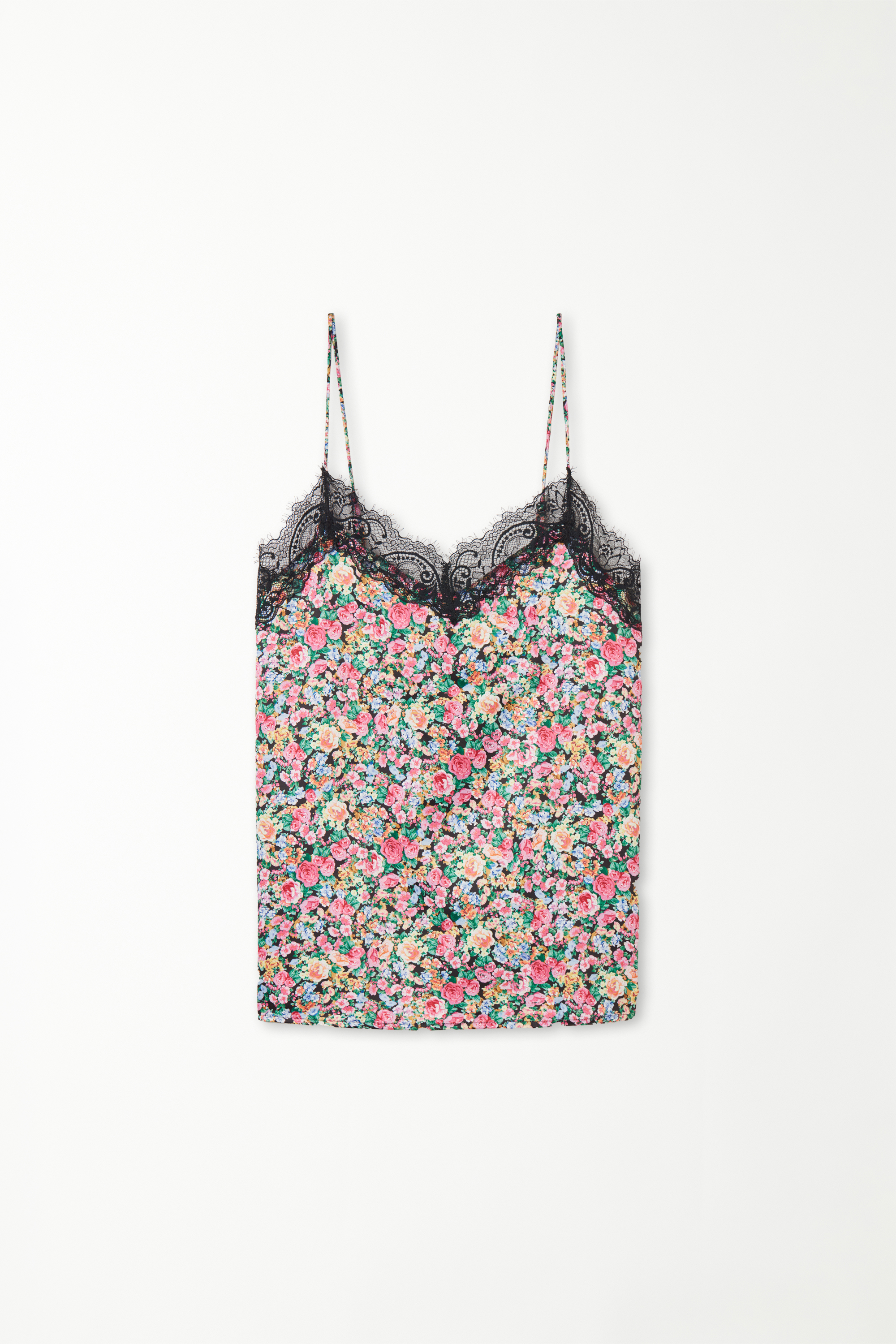 Printed Satin and Lace Camisole with Narrow Shoulder Straps