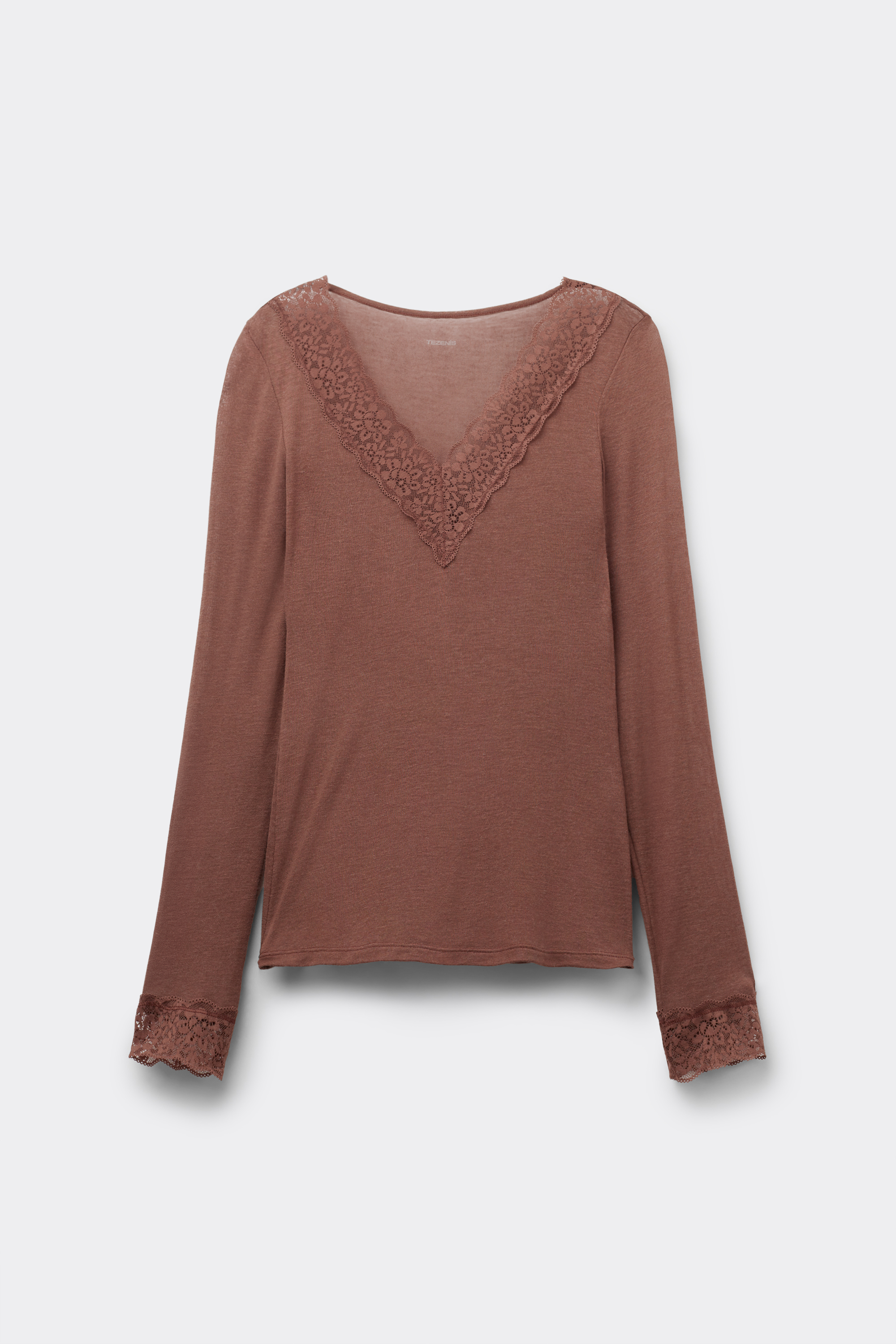 Langarm-Shirt mit V-Ausschnitt aus Spitze/Merinowolle