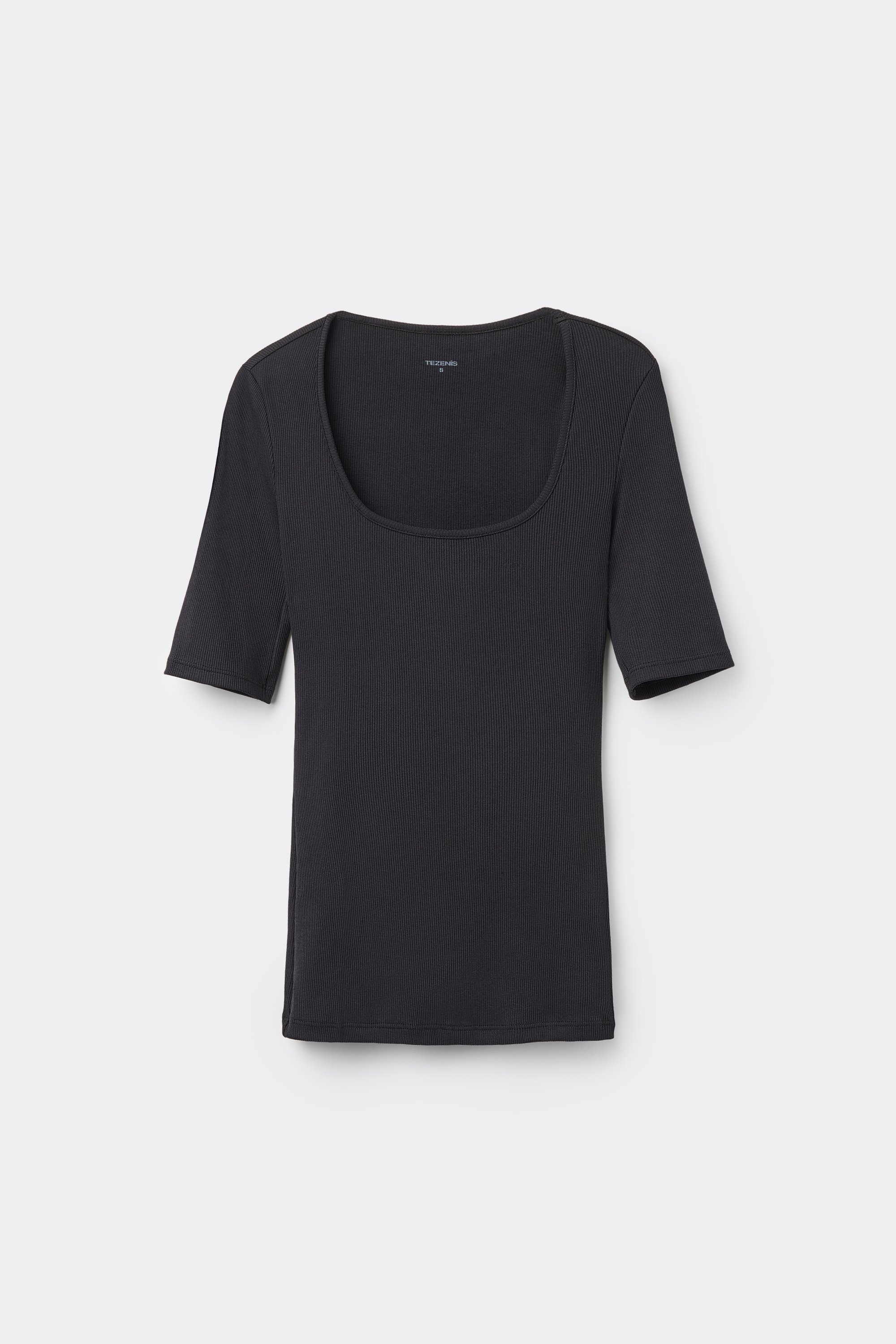 Short Sleeved Square Neck Ribbed Cotton T-shirt