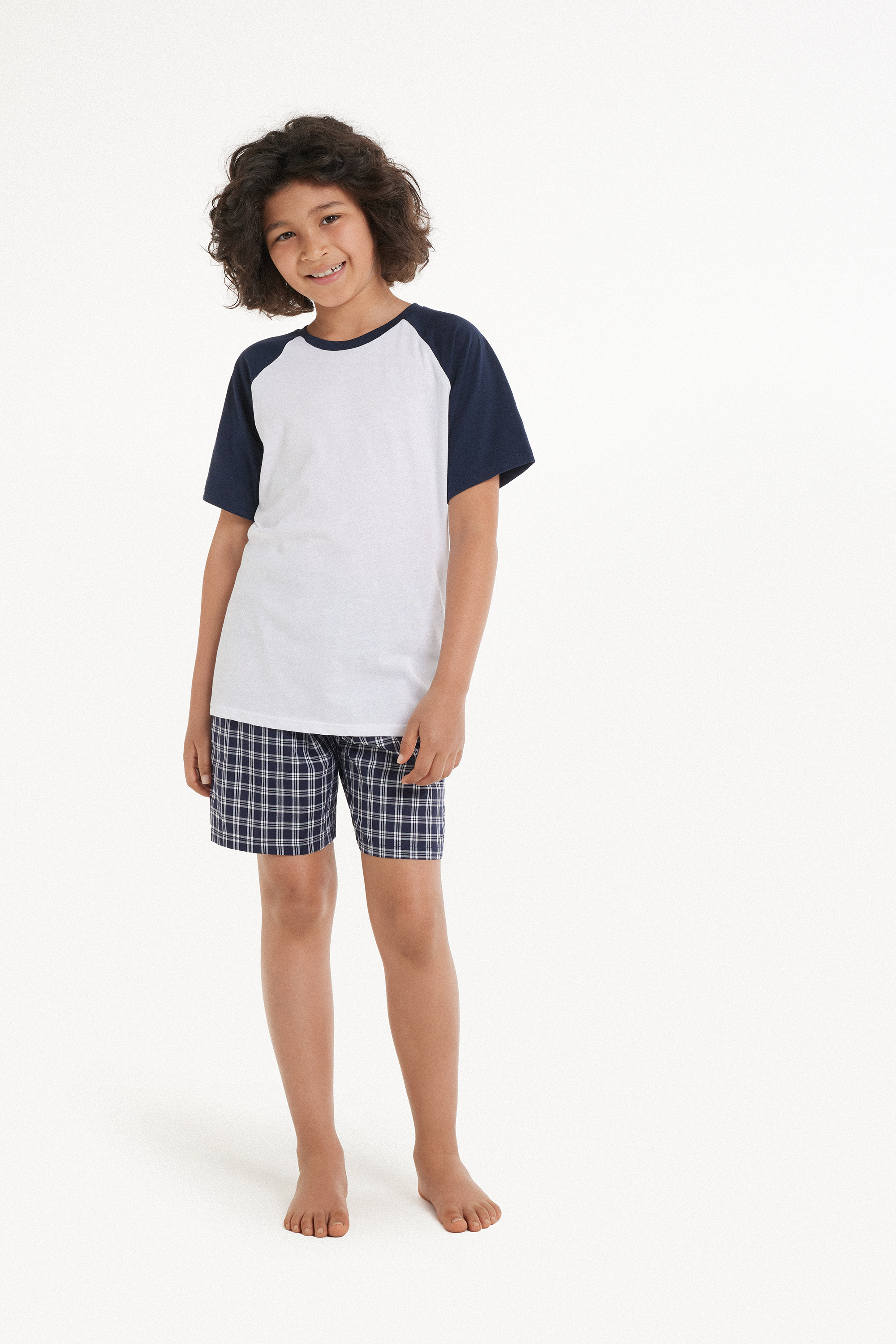 Chlapčenské Krátke Bavlnené Pyžamo s Potlačou Štvorcov