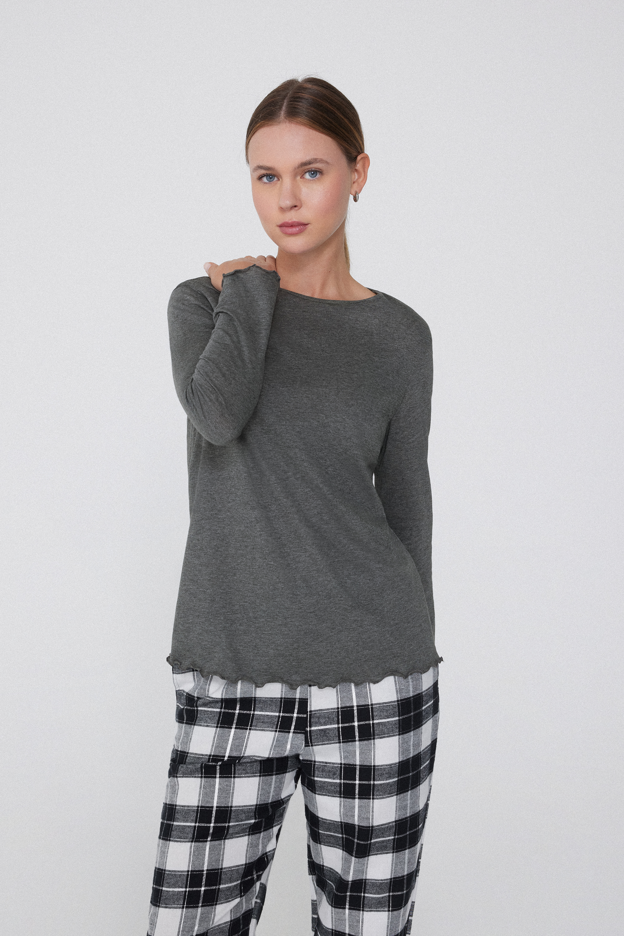 Long Sleeve Cotton Top with Rolled Hem