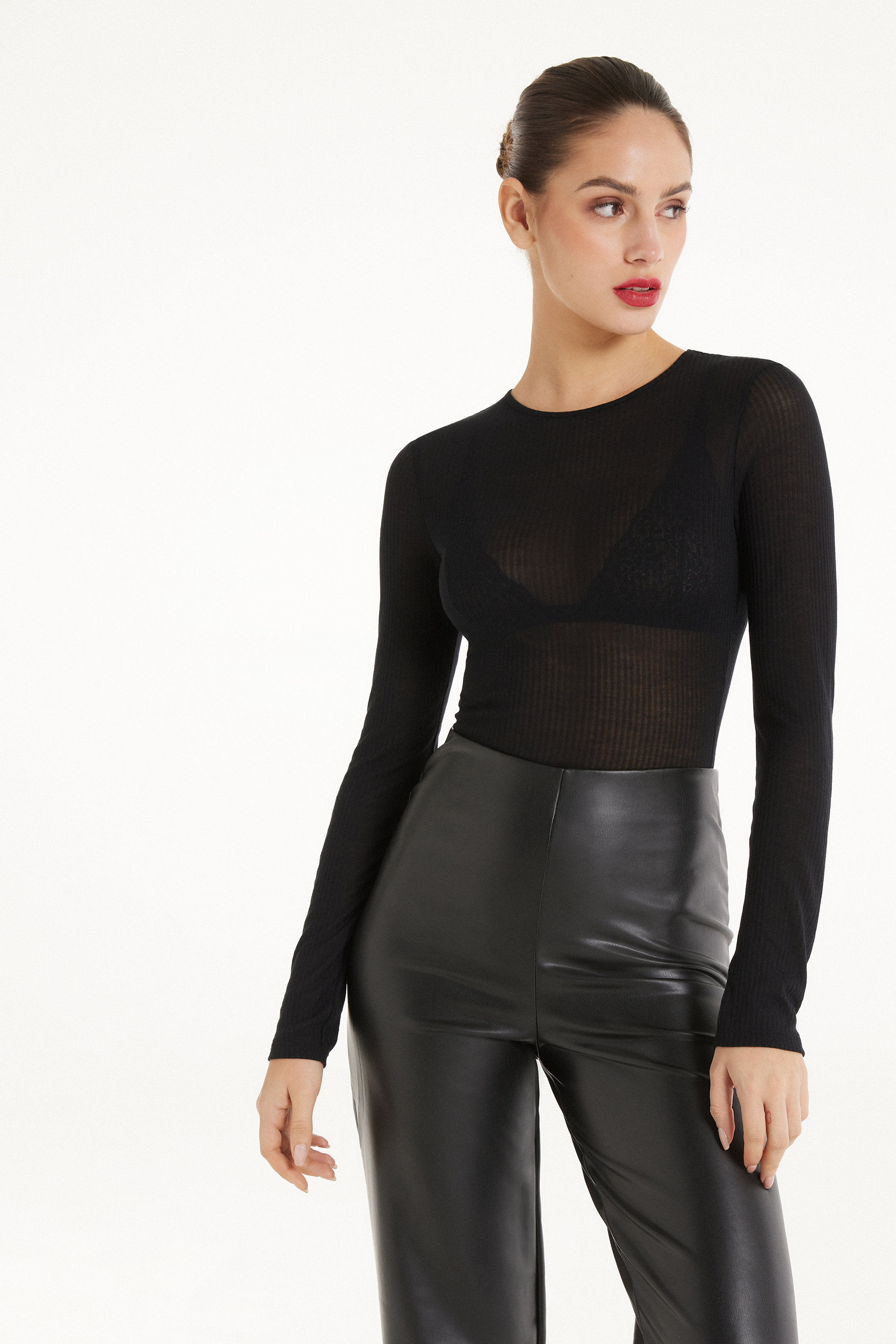 Long-Sleeved Crew-Neck Ultra-Lightweight Ribbed Viscose Bodysuit