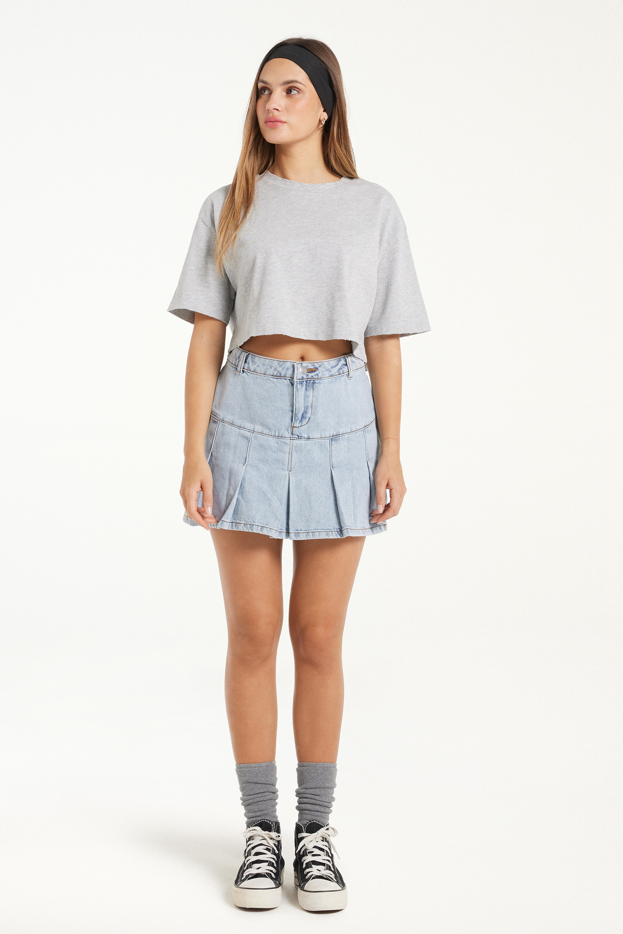 Box Pleat Denim Mini Skirt
