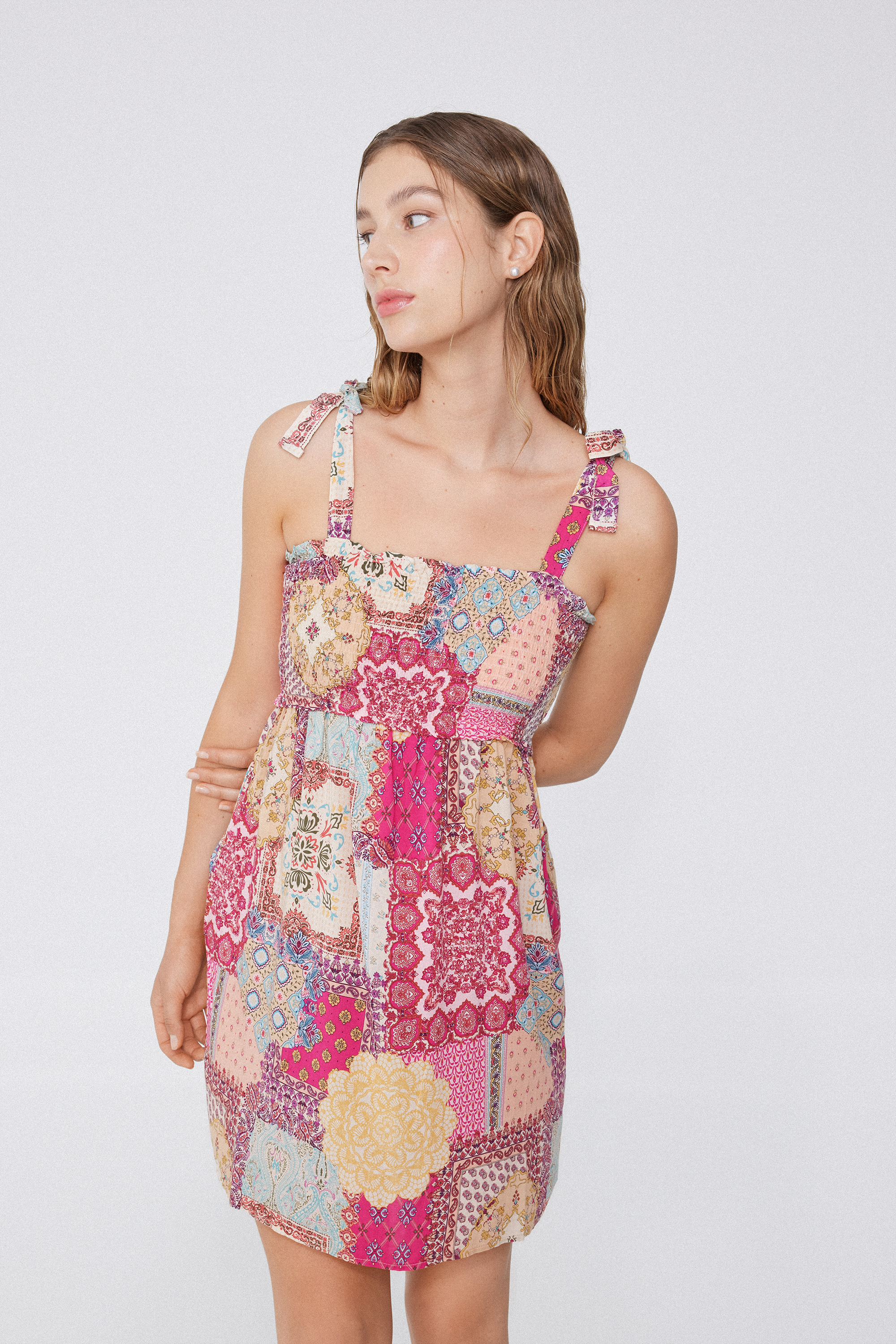 Smocked Viscose Fabric Mini Dress