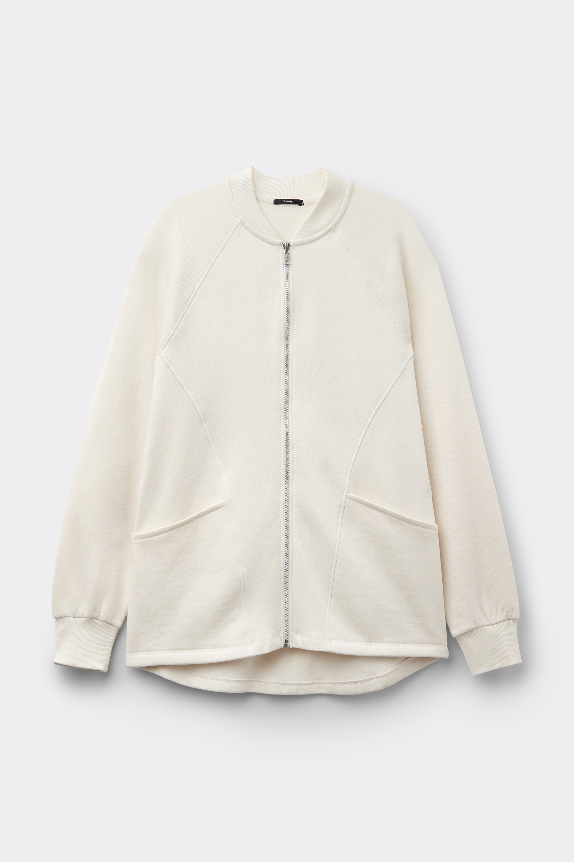 Lange asymmetrische Sweatjacke mit Reißverschluss und Taschen