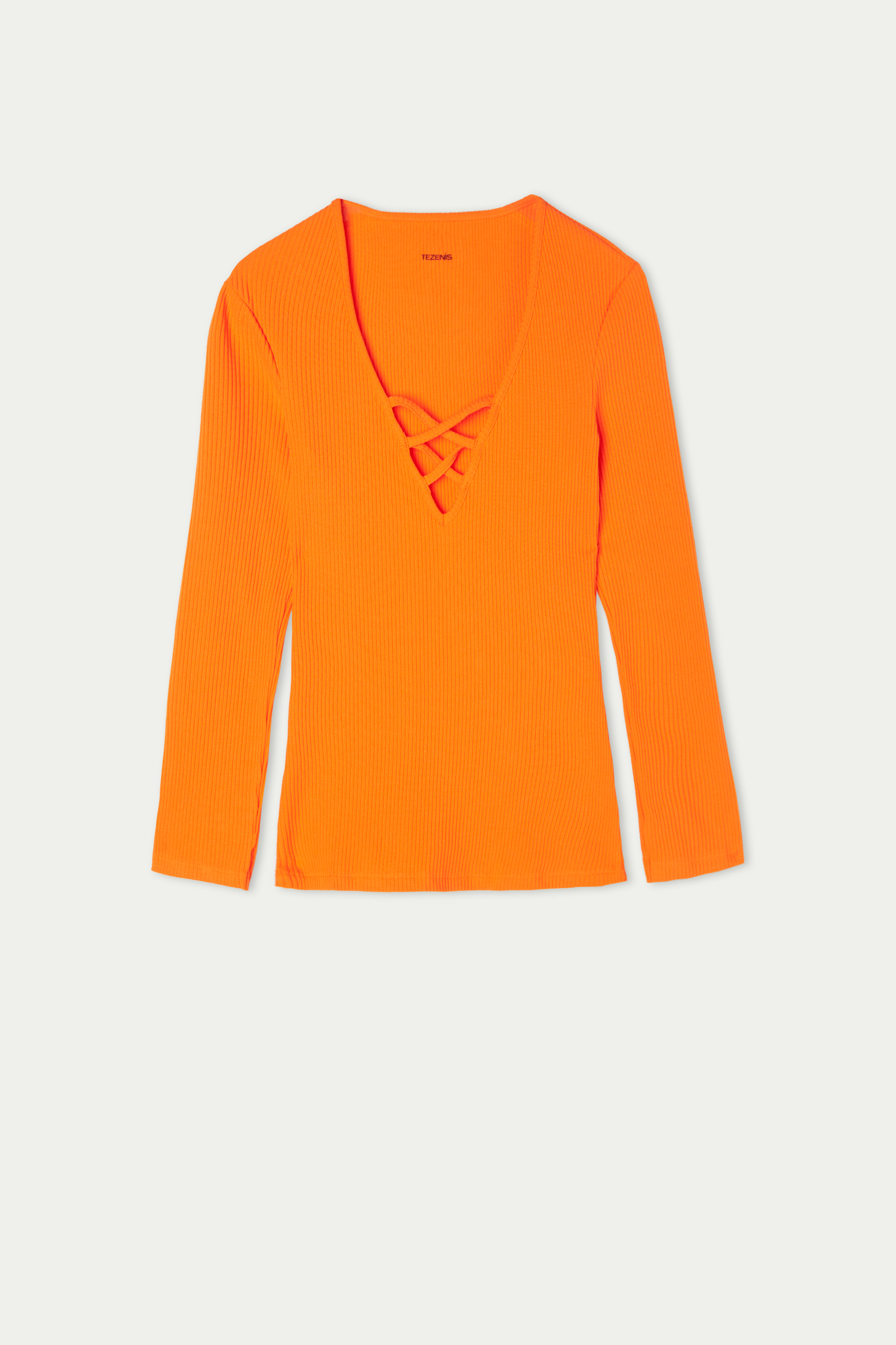 Long Sleeve V-Neck Ribbed Sweater with Lacing