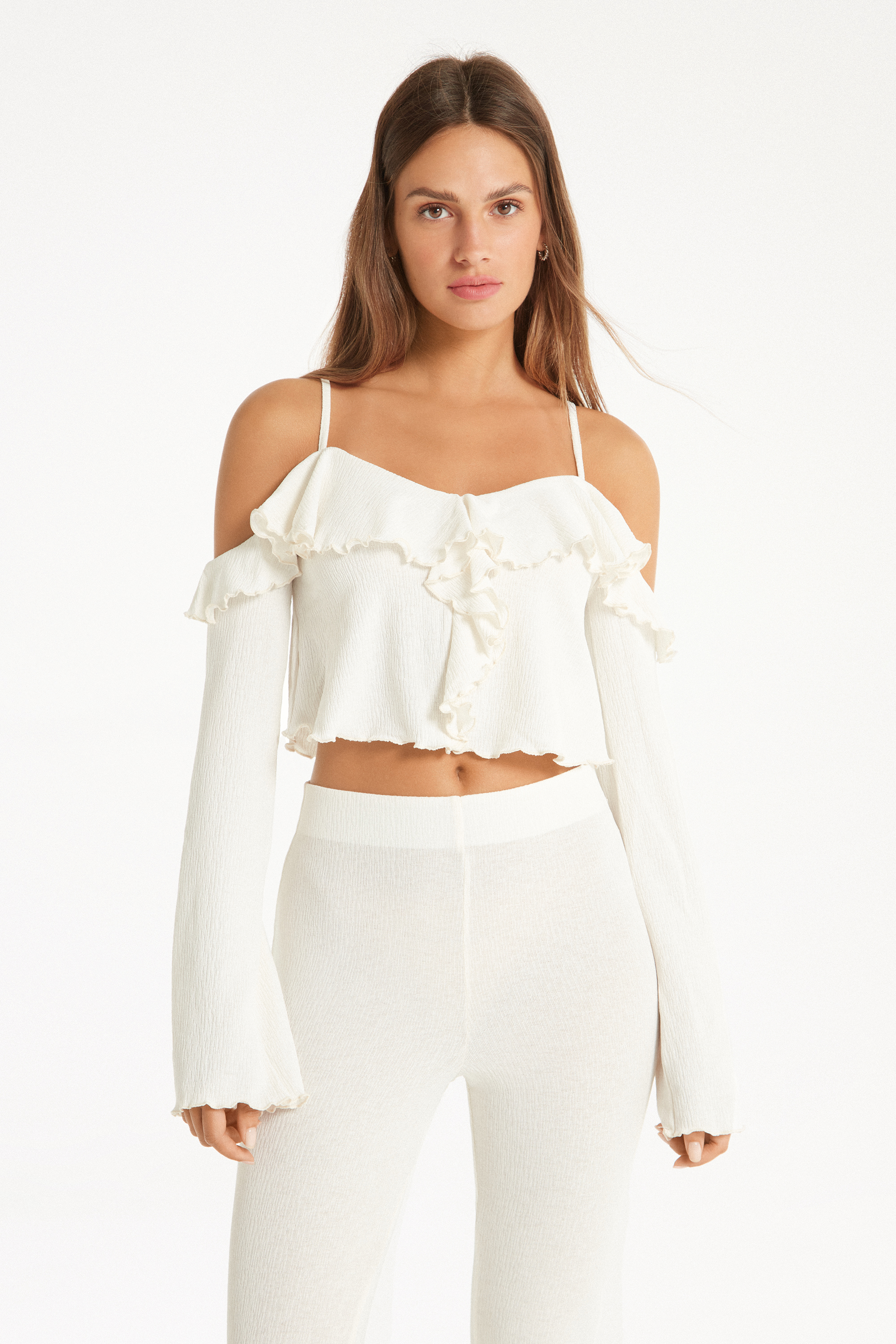 Long-Sleeved Off-the-Shoulder Crepe Crop Top