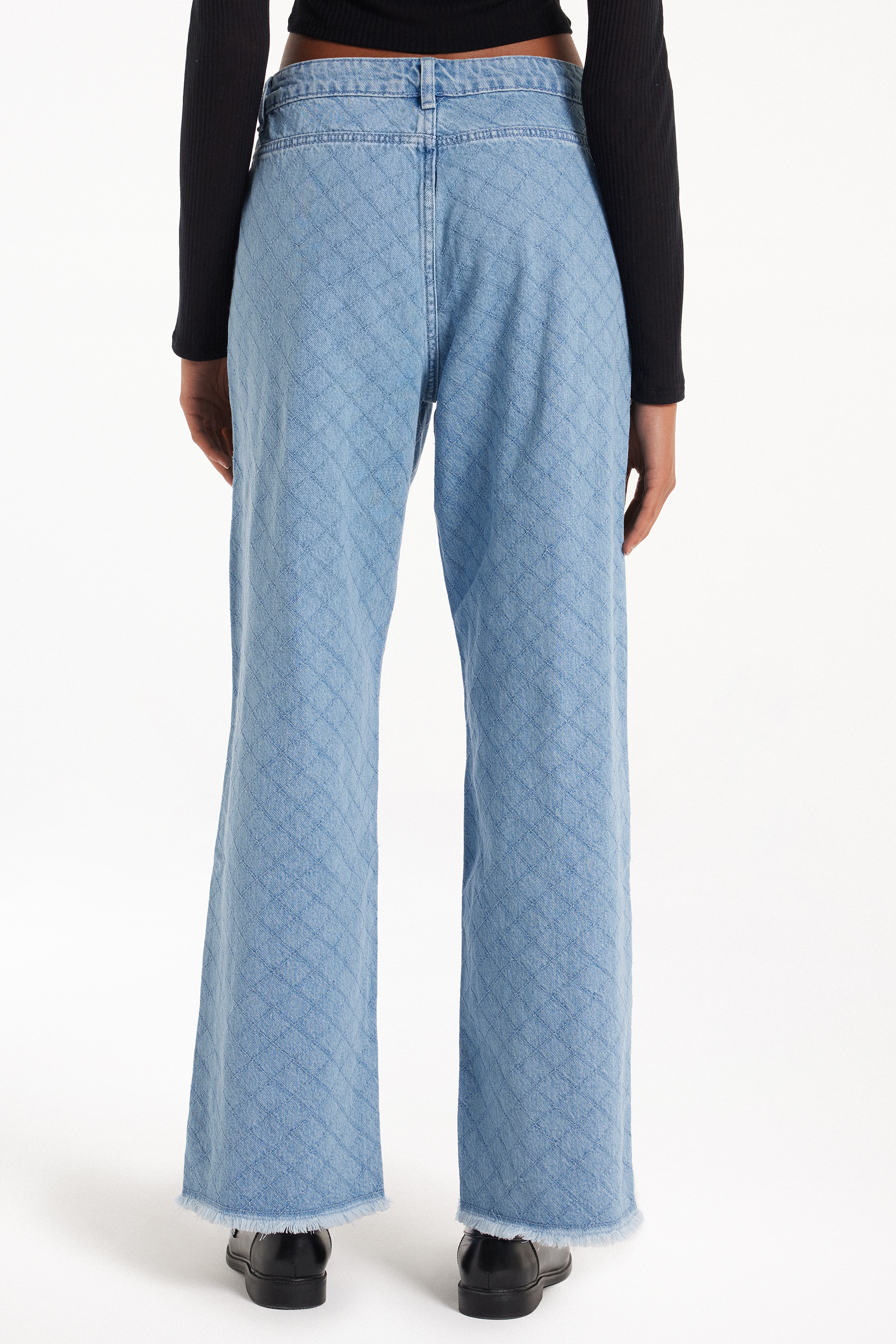 Matelassé Effect Full Length Wide Leg Denim Jeans