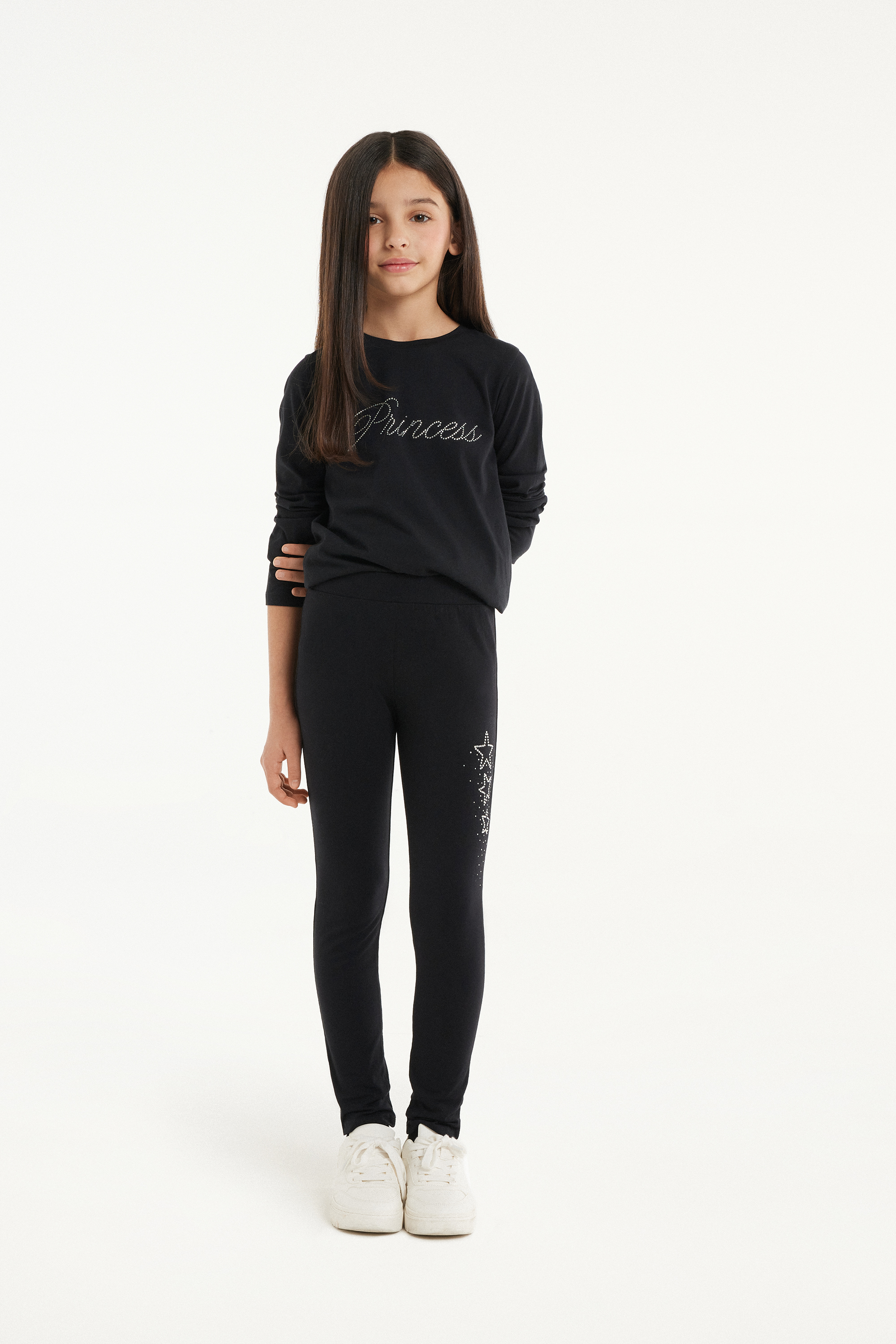 Long Sleeve Cotton Top with Rounded Neck and Rhinestone Lettering