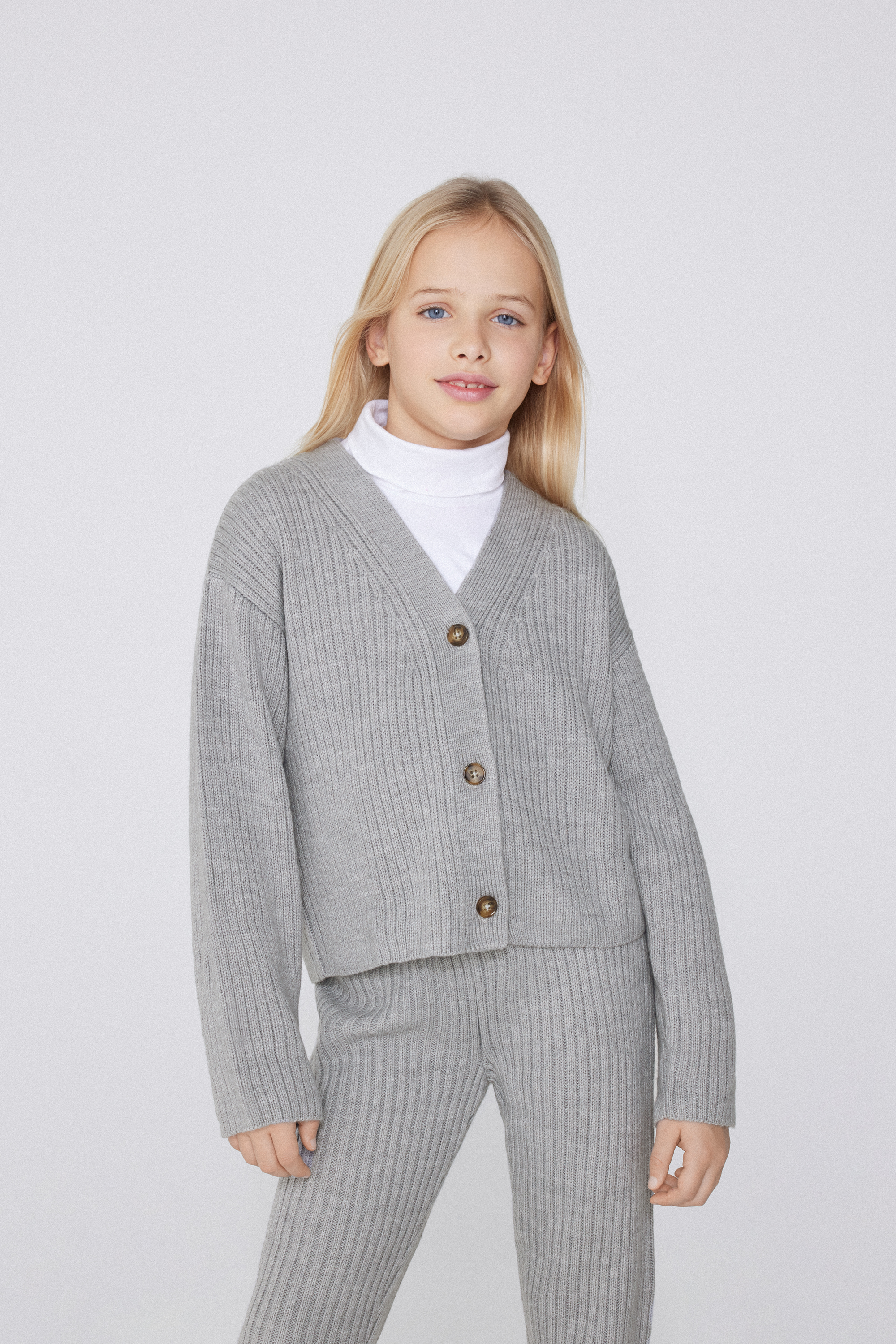 Girls’ Long-Sleeved Heavy Ribbed Cardigan with Buttons